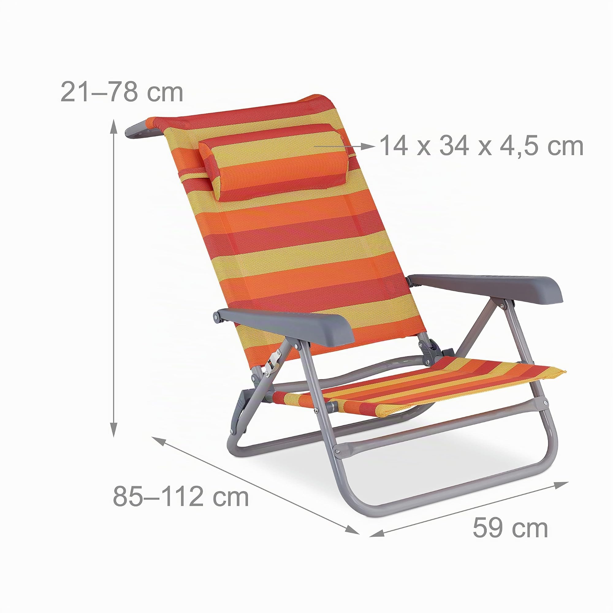 Relaxdays Chaise Longue Pliante, réglable, transat de Plage avec Repose-tête, accoudoirs, Jaune/Rouge/Orange