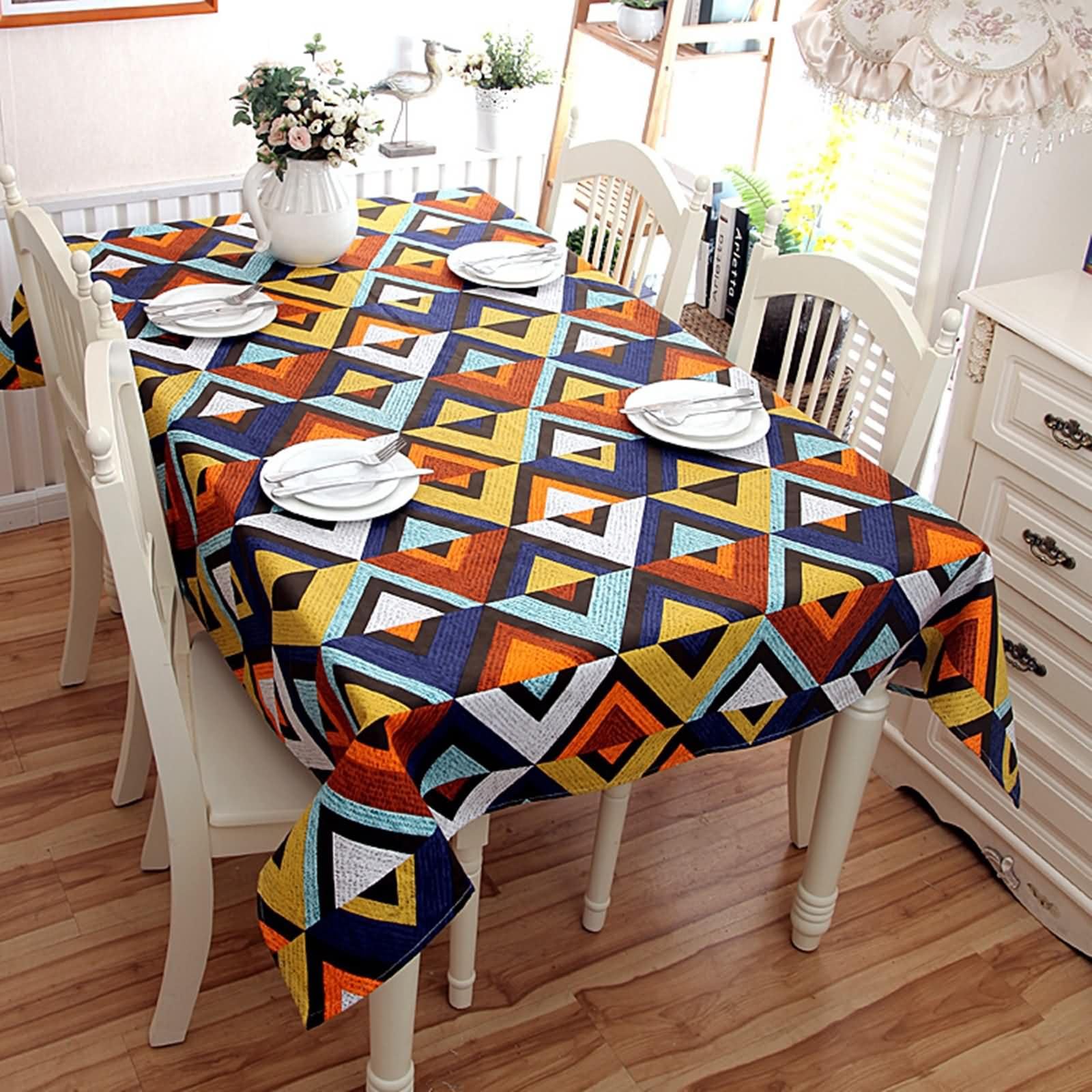 Niebiesko-żółty obrus prostokątny, 55 W x 98 L cm, bawełniany wzór trójkąta, zmywalny obrus do salonu