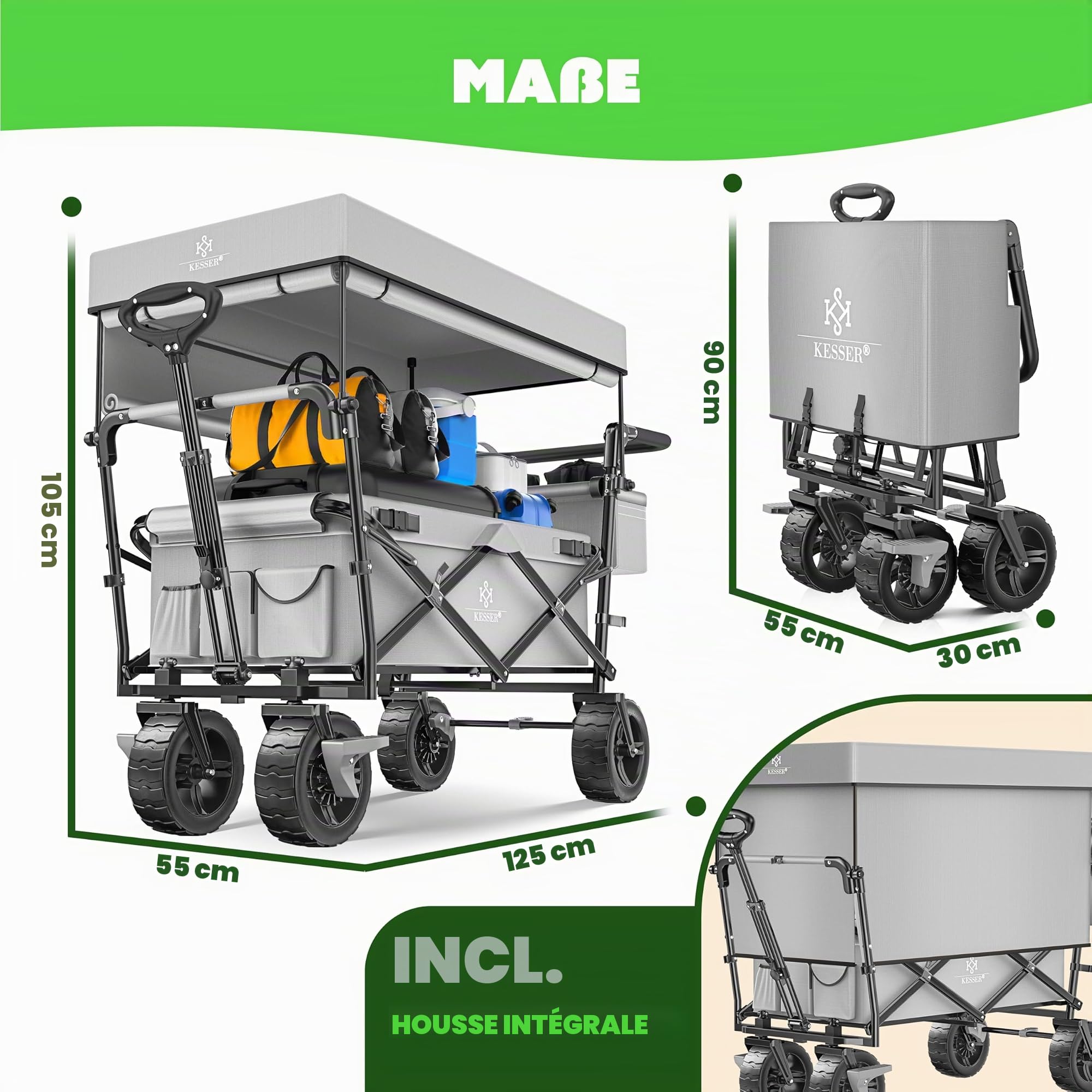 KESSER GT9000 Chariot de transport pliable avec toit - Charge maximale : 150 kg - Avec roues en caoutchouc dur et freins de stationnement (avant et arrière) - Avec serrure, couverture, intempéries et