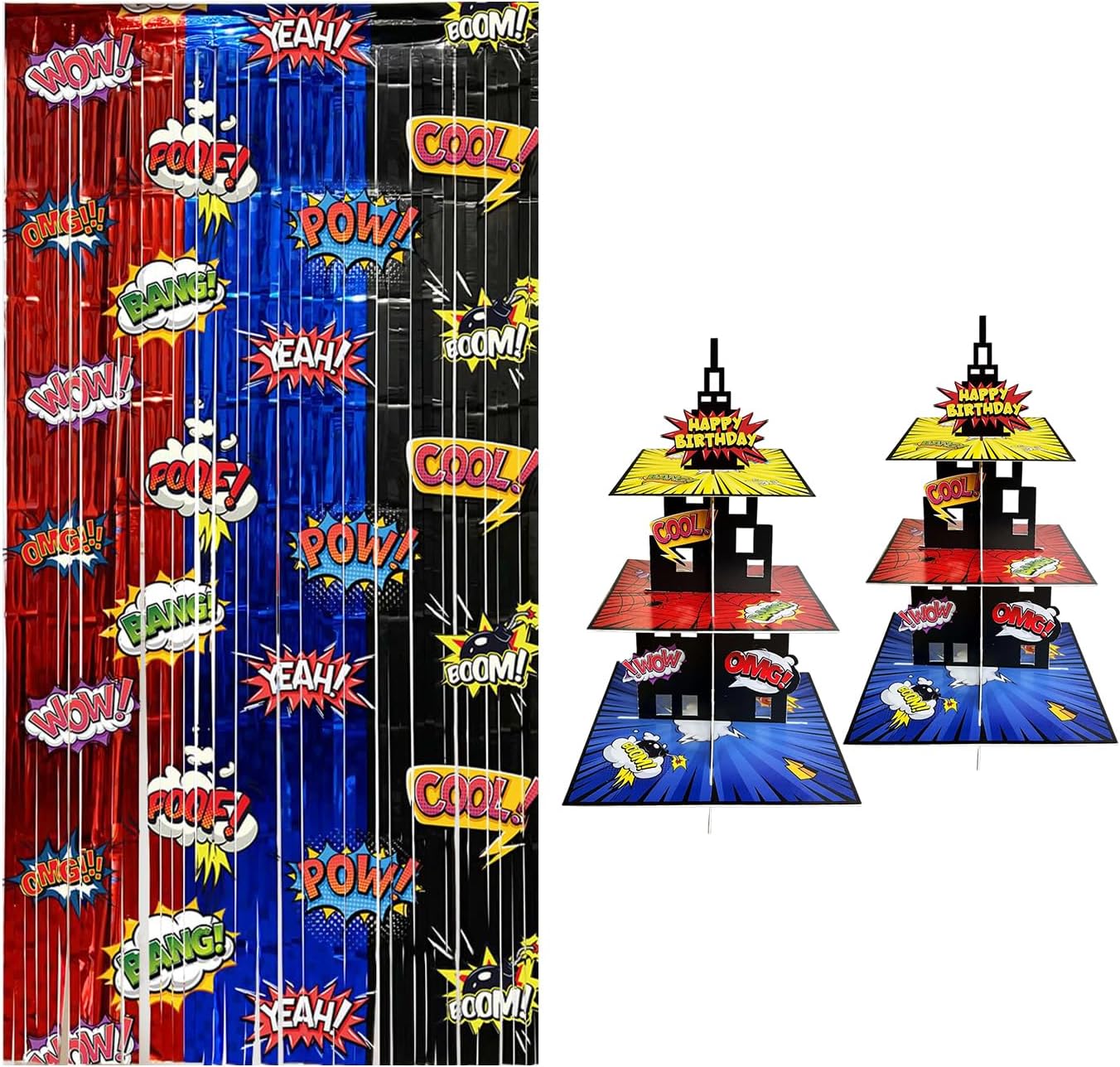 Hero Birthday Party Decorations Supplies, Red Blue Black Foil Fringe Curtains Backdrop Hero Cupcake Stand for Boys Birthday Party Decor Favors