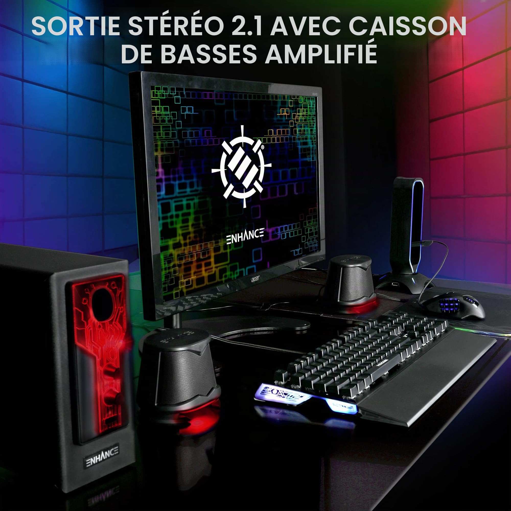 ENHANCE SB 2.1 Haut-Parleurs D'ordinateur avec Caisson de Basses - Haut-parleurs de Jeu à LED Rouge, contrôle du Volume et des Basses, Compatible avec Les PC de Jeu, Les Ordinateurs de Bureau