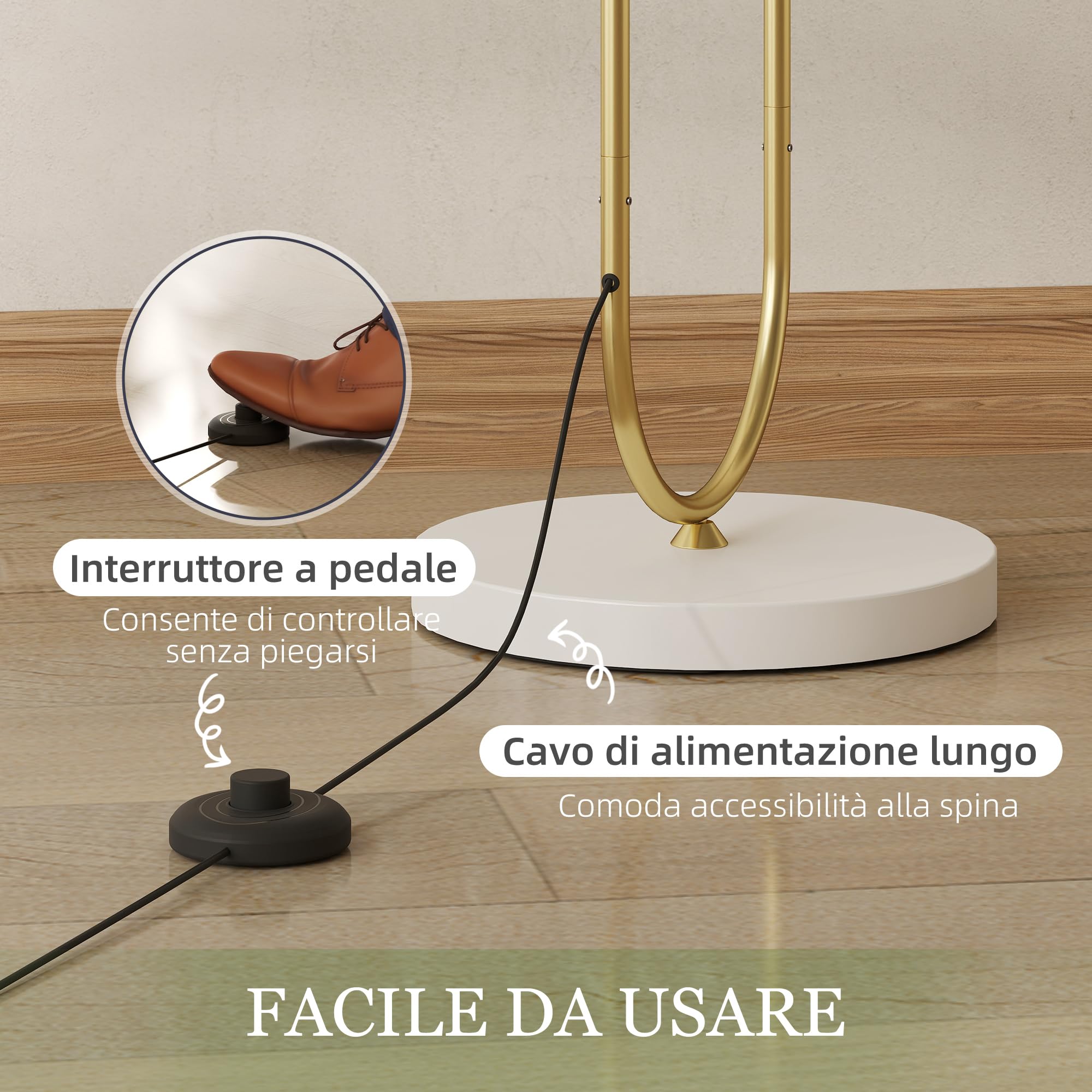 HOMCOM Lampada da Terra Moderna con Doppio Tubo Metallico Base Grande Oro | Lampada a Piantana, Paralume in Tessuto, Interruttore a Pedale, Base di Appoggio, per Salotto e Camera da Letto