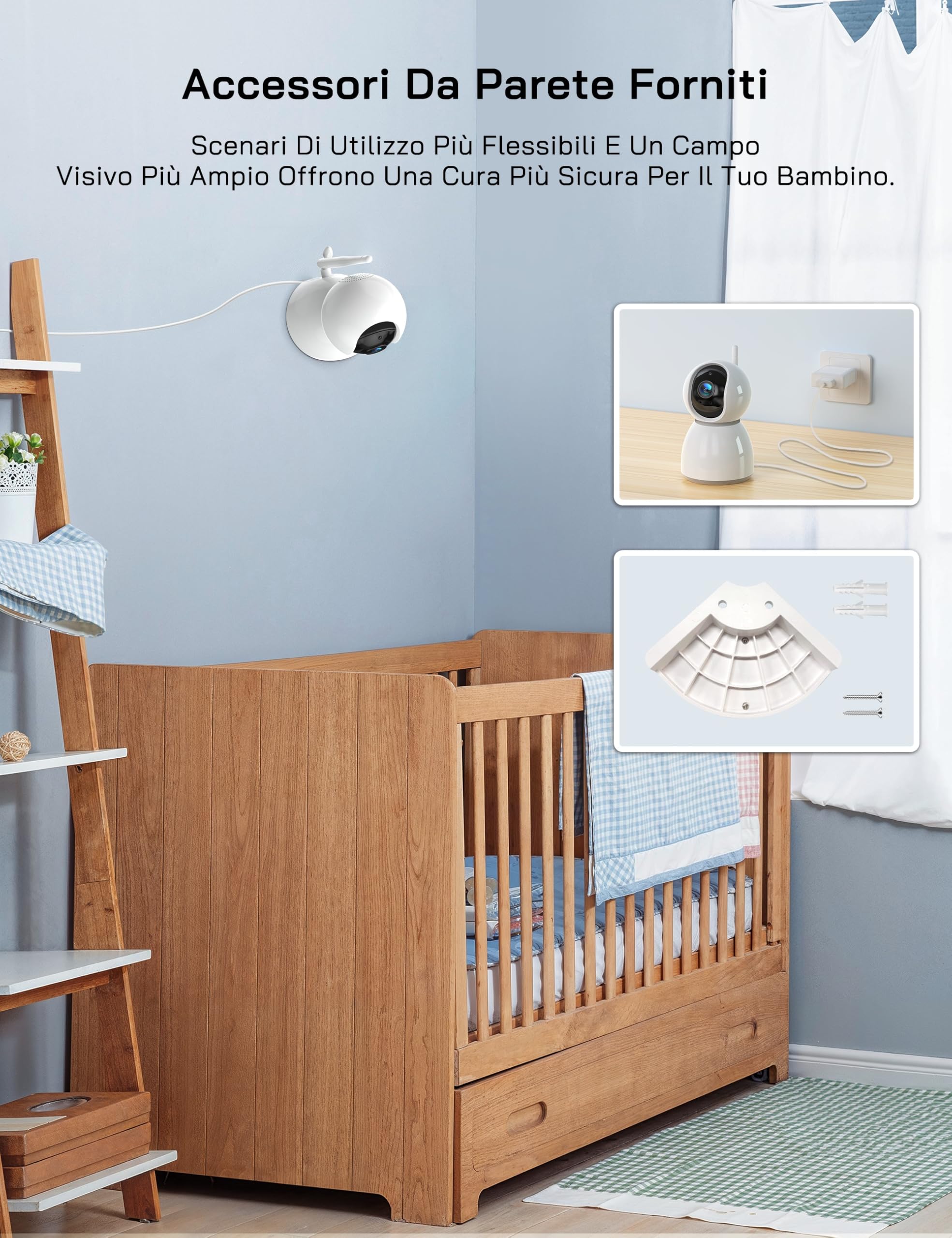 WOLFANG Baby Monitor Video e Audio, 5 pollici 720P Schermo, 360° 1080P Telecamera con Visione Notturna e Zoom, Conversazione Bidirezionale, Temperatura, Rilevamento del Pianto, Portata di 1000 Piedi