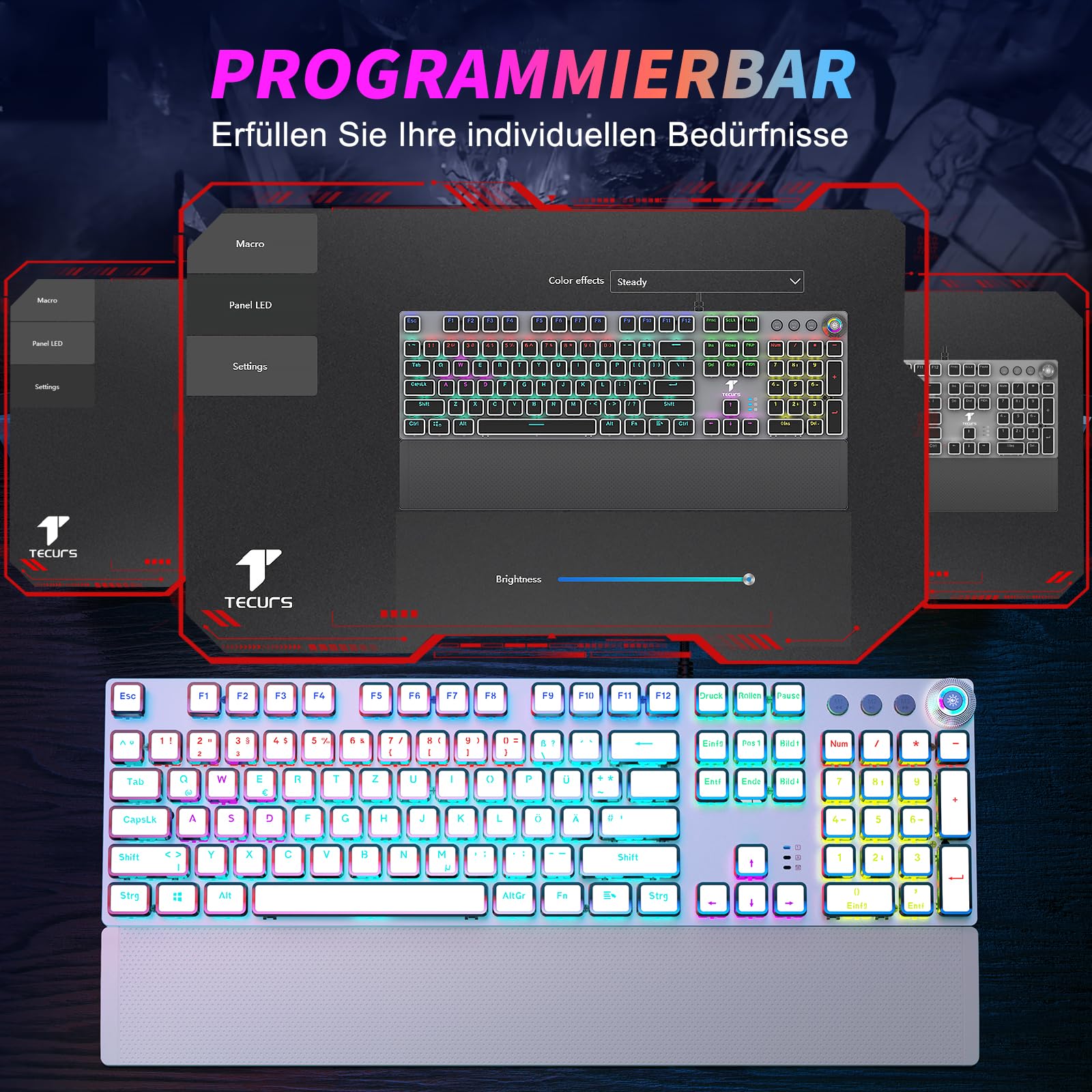 TECURS Tastiera meccanica da gioco, programmabile, con poggiapolsi magnetico, interruttore rosso, 19 modalità LED, tasti multimediali, PC con cavo, layout QWERTZ DE, bianco