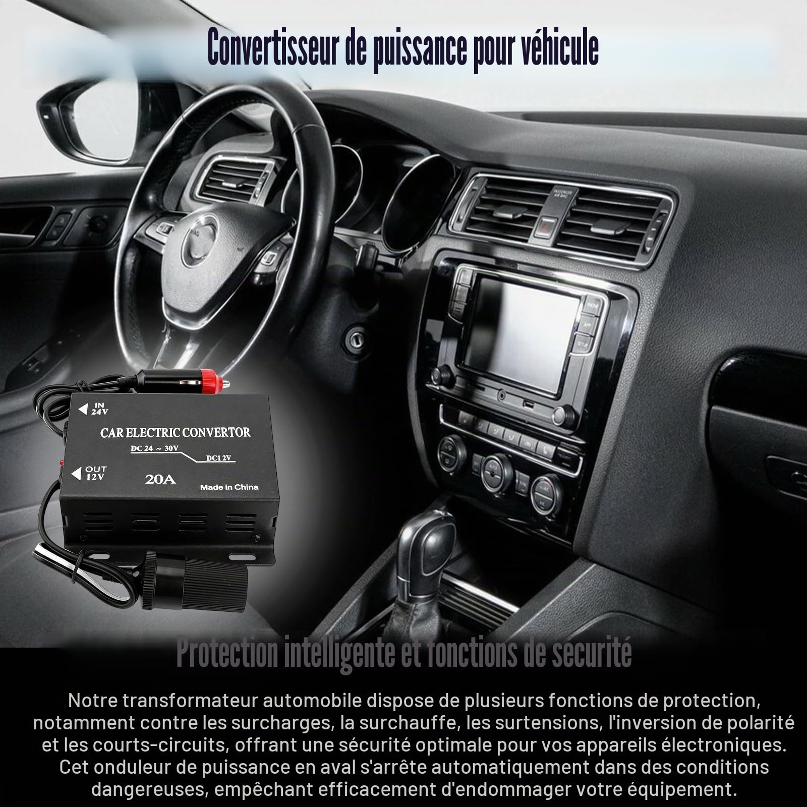 Réducteur De Tension De Voiture, Alimentation Abaisseur Voiture 20a 24v vers 12v, 240W Convertisseur d'alimentation De Voiture avec Prise Allume-Cigare, 20a Transformateur Abaisseur De Tension