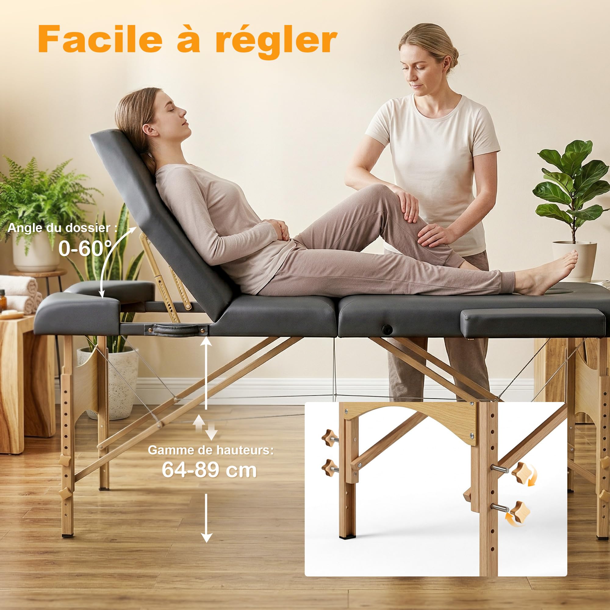 HOMCOM Table de Massage Pliante, lit de Massage 3 Zones Portable 185 x 60 cm, Hauteur et Dossier réglables, Appui-tête, accoudoirs, Repose-Bras, Table esthétique Tatouage en Bois de hêtre, Gris