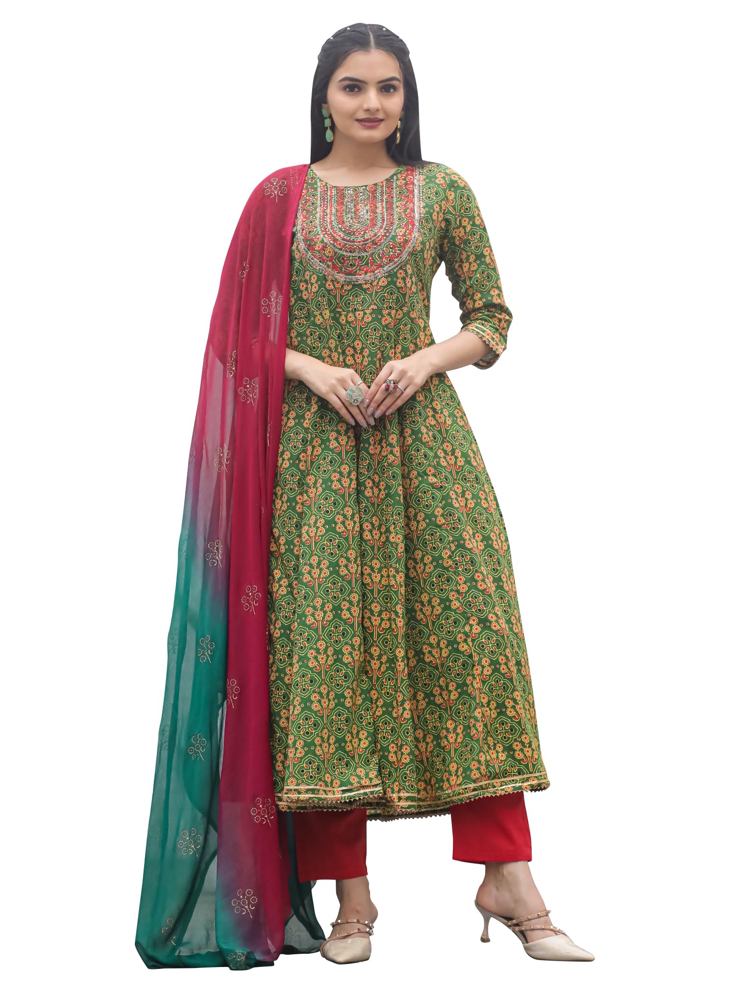 Rajnandini Women's Pure Cambric Cotton Embroidered Kurta Set with Dupatta (JOPLVL213-P_Green & Red)