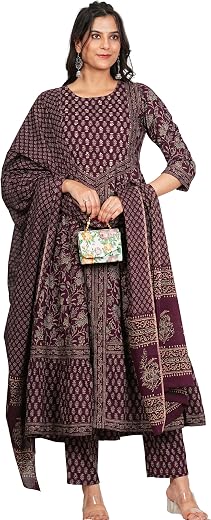 Vbuyz Women'S Floral Print With Ruffled Anarkali Cotton Stitched Kurta, Pant With Dupatta | Kurta Pant Dupatta | Kurta Set...