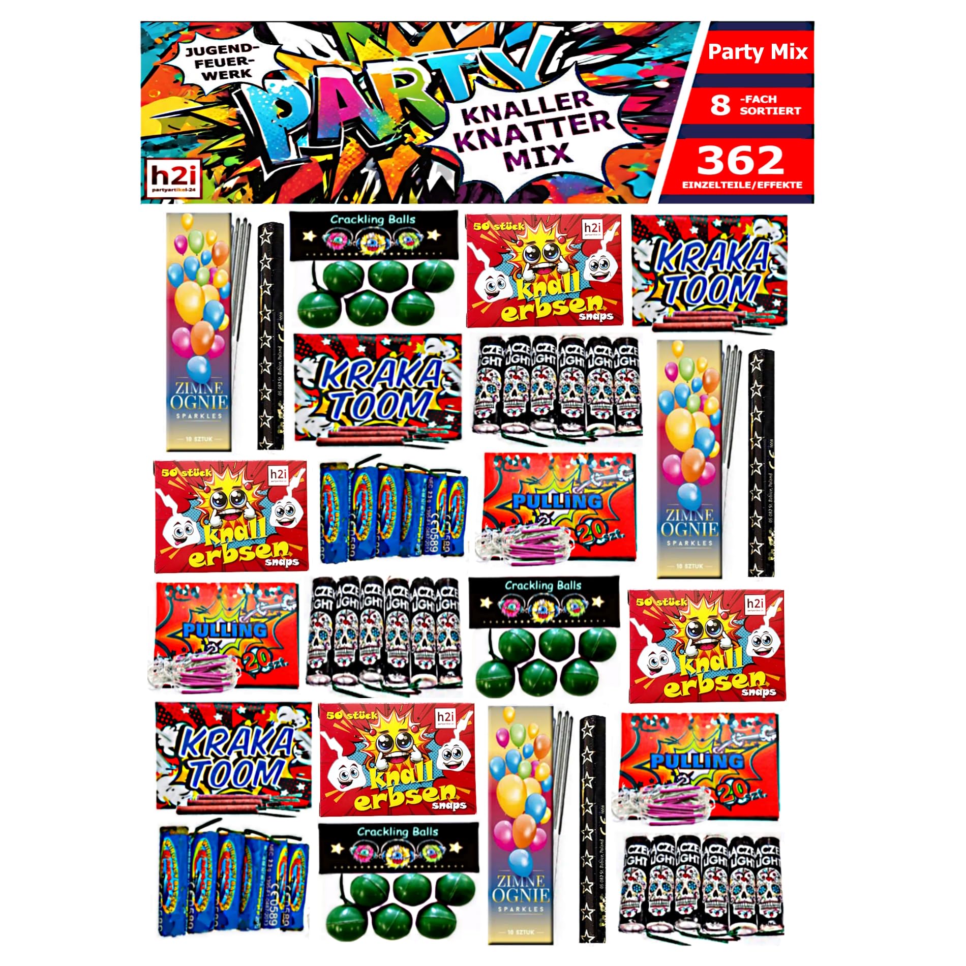h2i Knaller Knatter Premium Mix | 362 Teile | 8fach Sortiert & handverlesen| Partyspaß für Klein & Groß I für Silvester Halloween & Partys | Kinder & Jugendfeuerwerk | b | Ganzjahresfeuerwerk Kat. F1