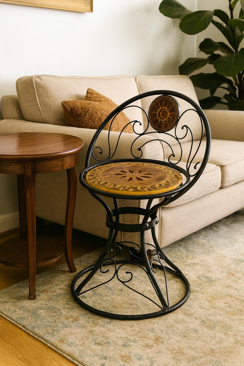 WOODLY Decorative Iron Wood Garden Chair, Sunburst Design, Round Accent Table for Living Room, Outdoor, Study-image-19