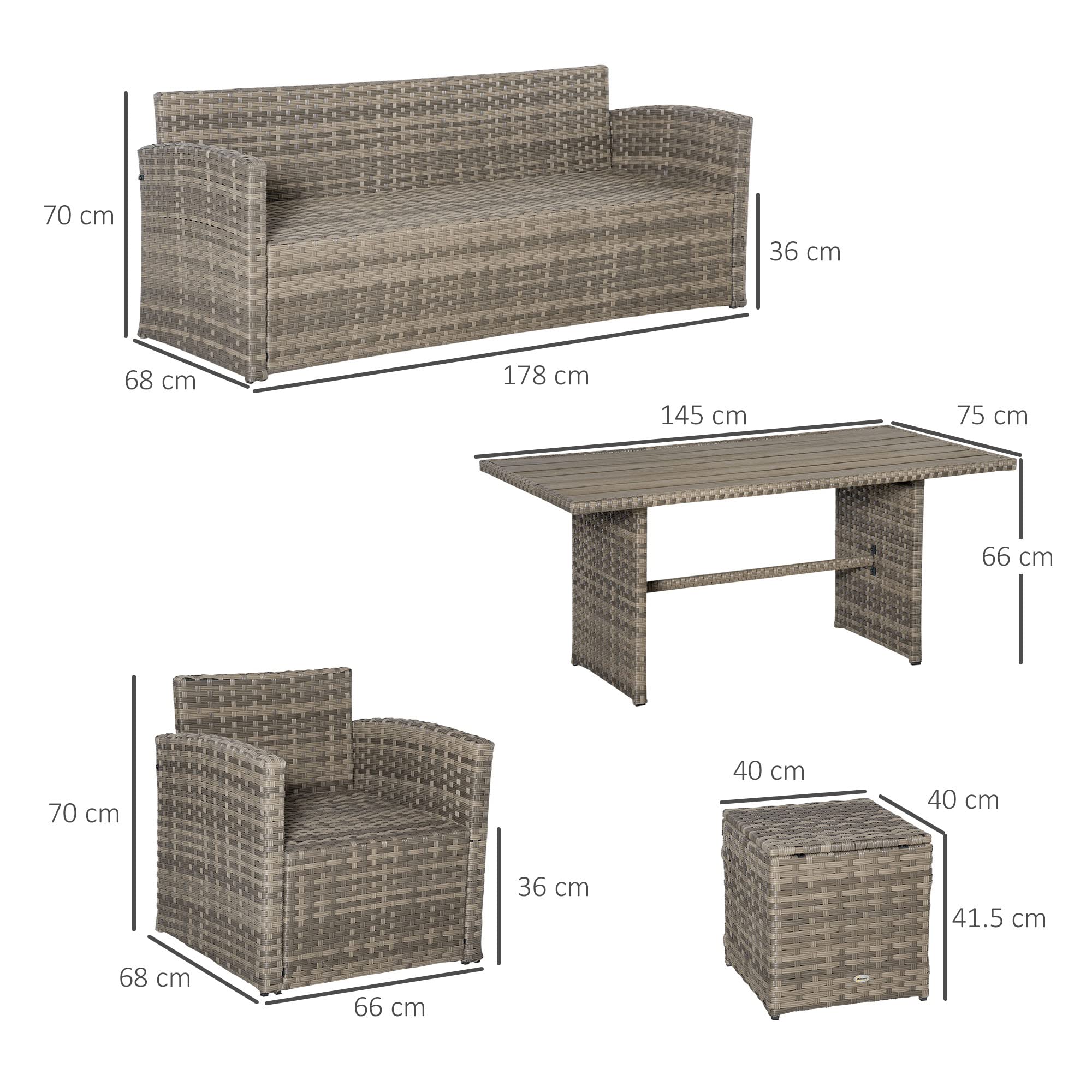 Outsunny Set Mobile da Giardino 6 Pezzi in Rattan PE, Salotto con Divano 3 Posti, 2 Poltrone, 2 Sgabelli e Tavolo, Cuscini Sfoderabili, Grigio