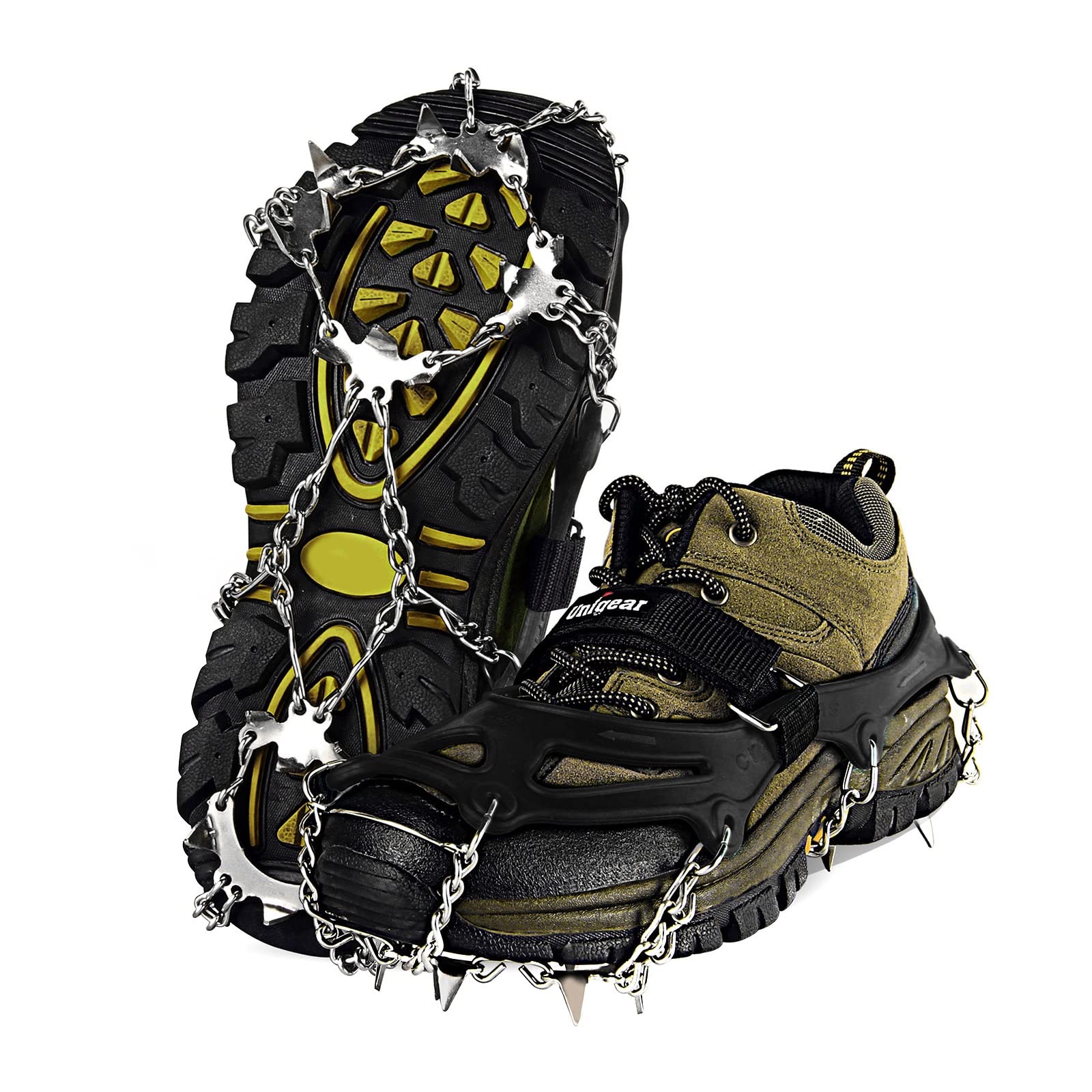 UnigearIce Traction Cleats Ice Snow Grips Crampons with 18 Shoe Spikes for Walking, Jogging, Climbing and Hiking(Black-L)
