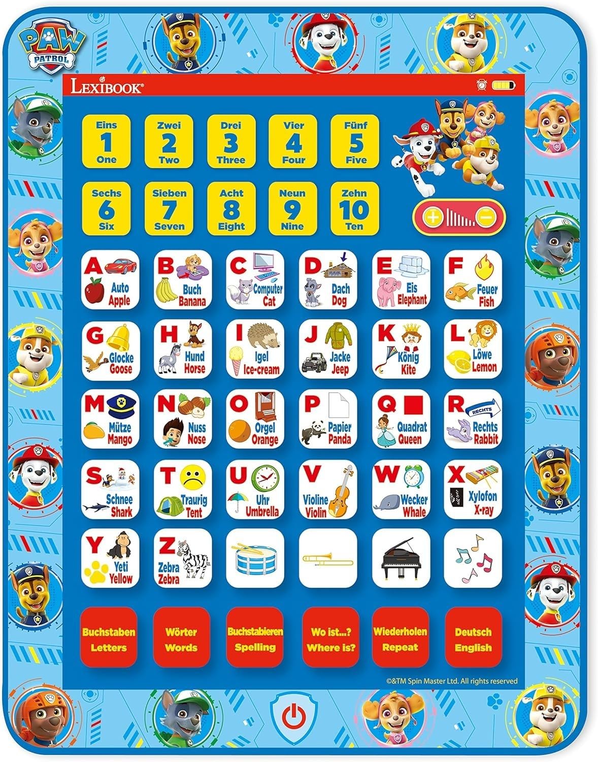 Lexibook JCPAD002PAi3 Psi Patrol Edukacyjny Dwujęzyczny Interaktywny Tablet, Zabawka do Nauki Liter Alfabetu, Cyfr, Słów, Pisowni i Muzyki, Język Angielski, Niemiecki, Niebieski