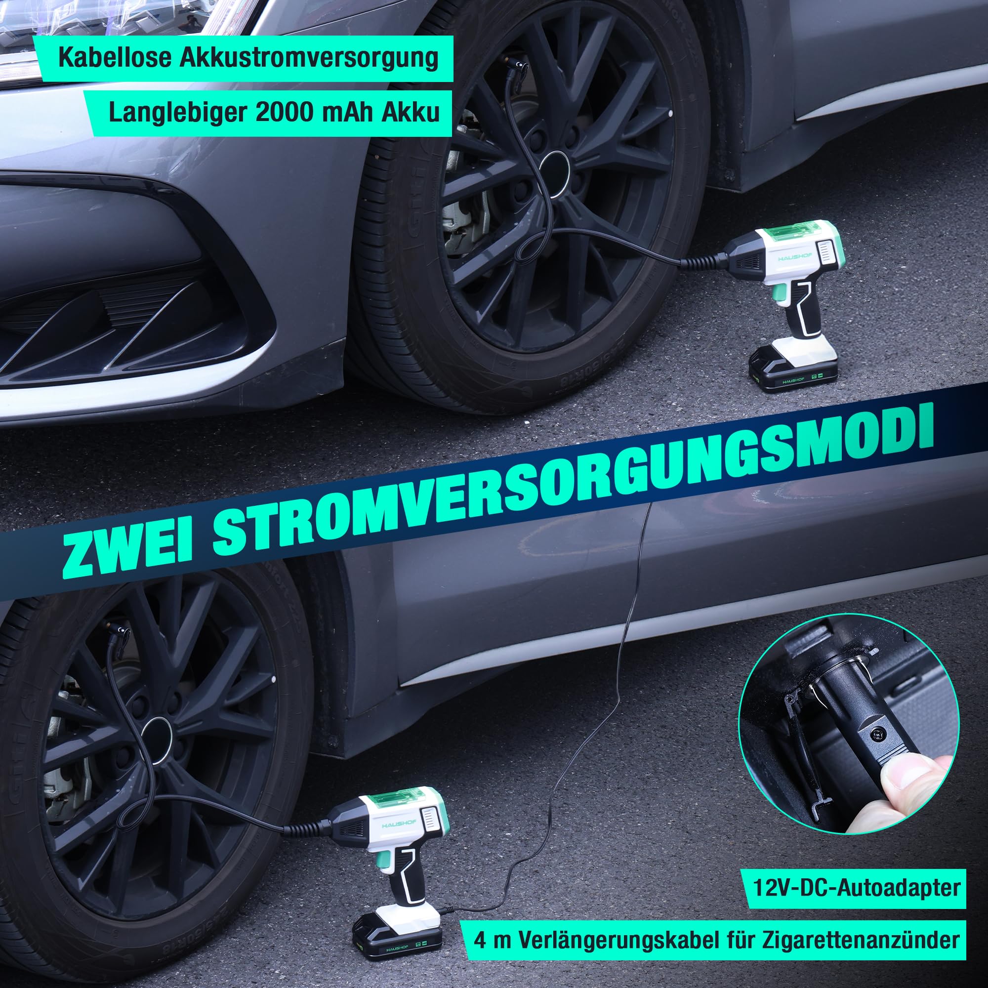 HAUSHOF Akku Luftkompressor 150 PSI (10,3 bar), Tragbare Luftpumpe mit 4 Modi + Manueller Modus, 20V 2000mAh Kabelloser Kompressor, Digitales Display, Auto-Abschaltung für Reifen, Motorrad, Fahrrad