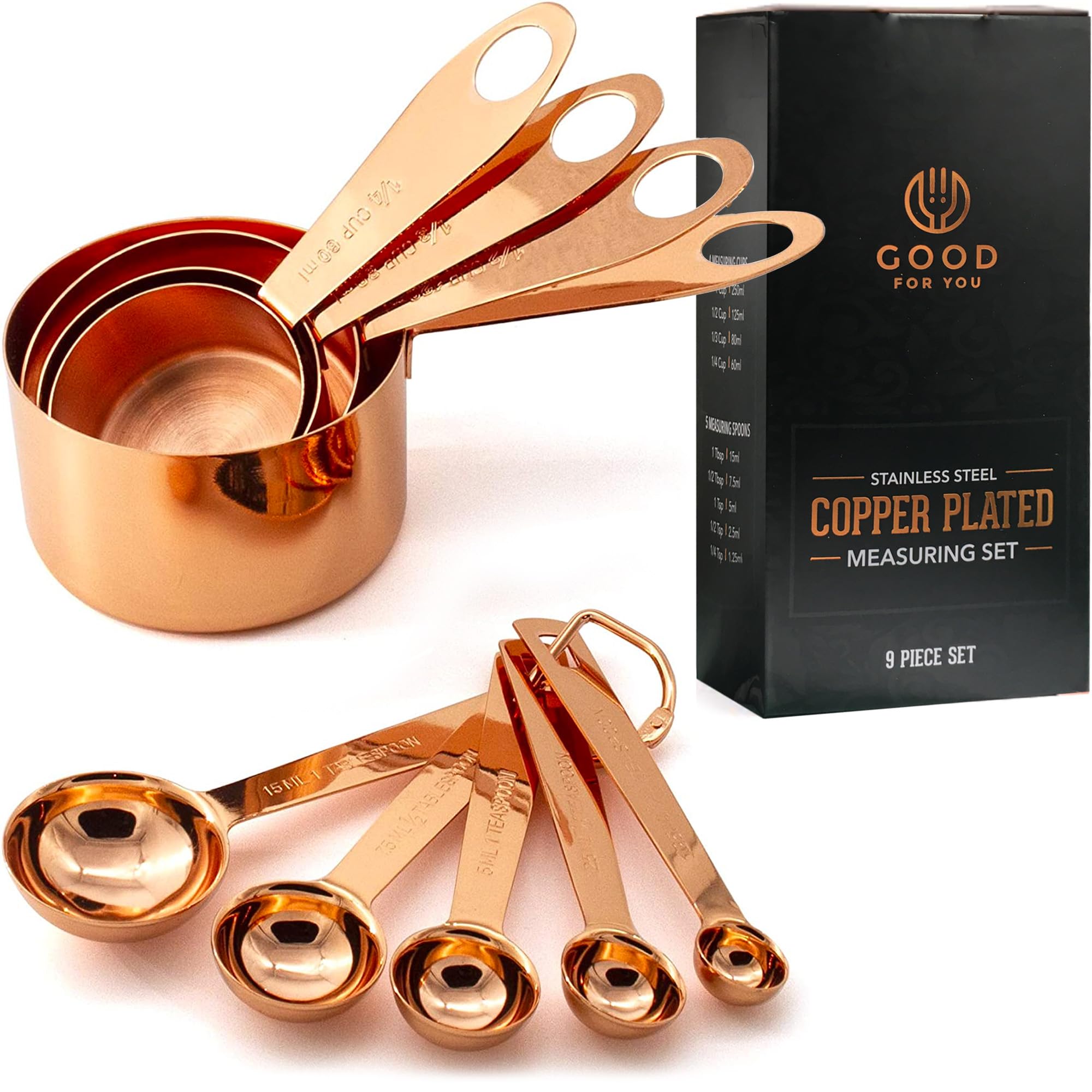 GOOD FOR YOU - Kupfer Edelstahl Messbecher & Messlöffel 9er Set | Edles Spiegelpoliertes Kupfergeschirr zum Abmessen verschiedenster Zutatenmengen | Für Küche, Kochen, Backen - Ideal für alle Zutaten