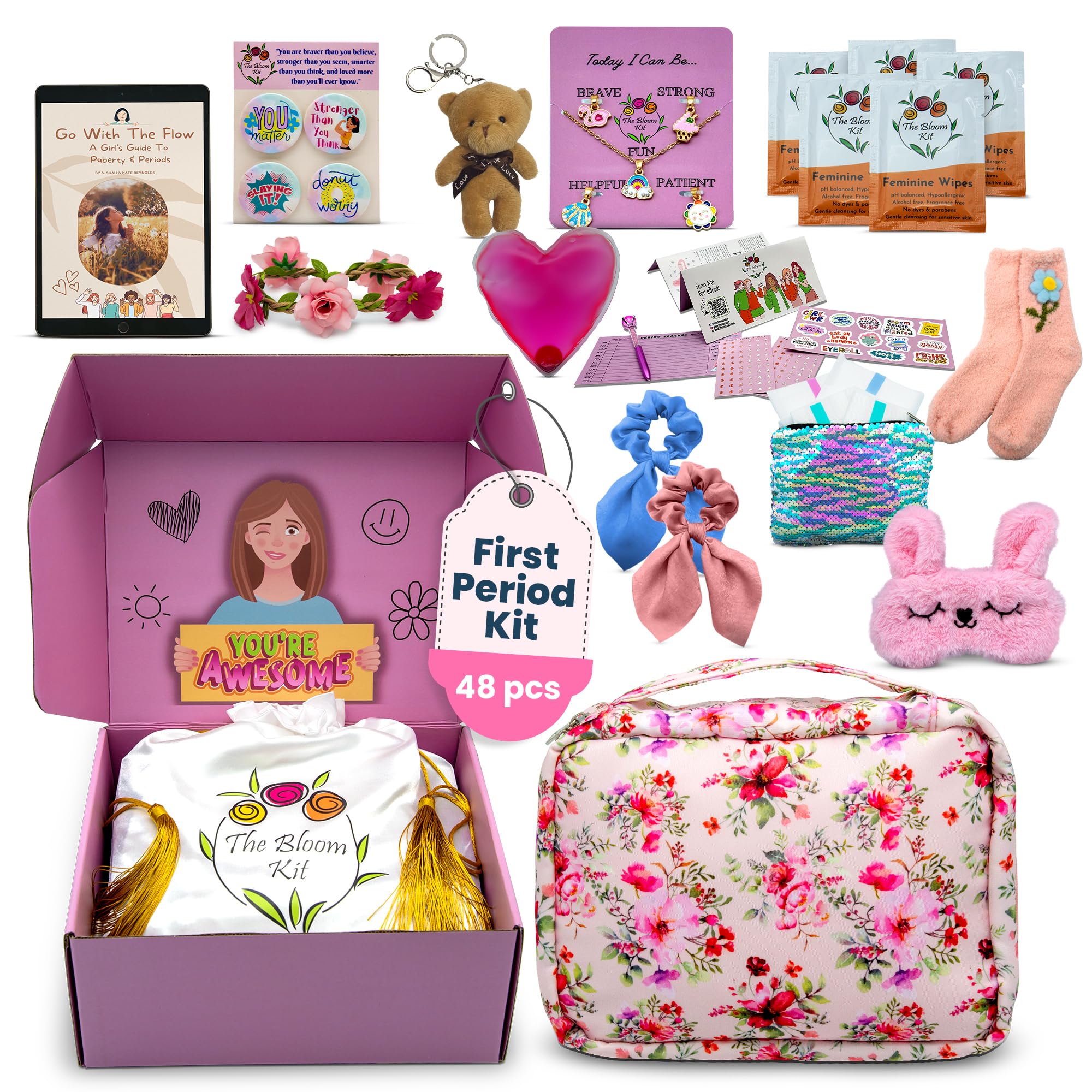 The Bloom First Period Kit for Girls 9-10-12-14 for School | Menstrual Starter Kit Essentials for Tween Girls | First Periods Teen Gifts Box with Pads, Wipes, Educational E-Book & More (48 PCs)