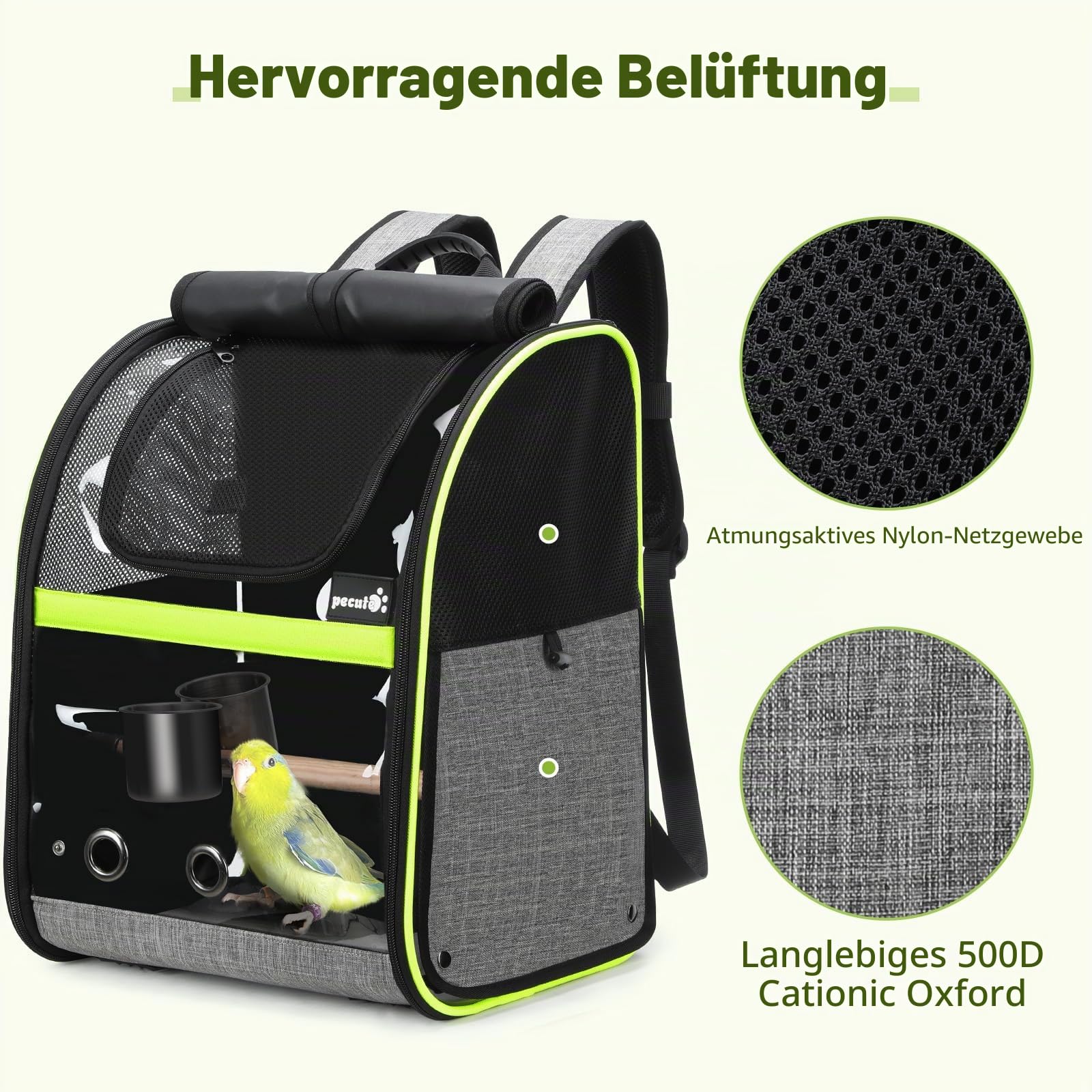 pecute Rucksack für Vögel mit Holzstab, Leichte Träger Vogel Transporttasche, wasserdichte Papageien Reiserucksack mit Edelstahl-Tablett und Stehstange, Transportbox Vogel, 34 x 28 x 43cm