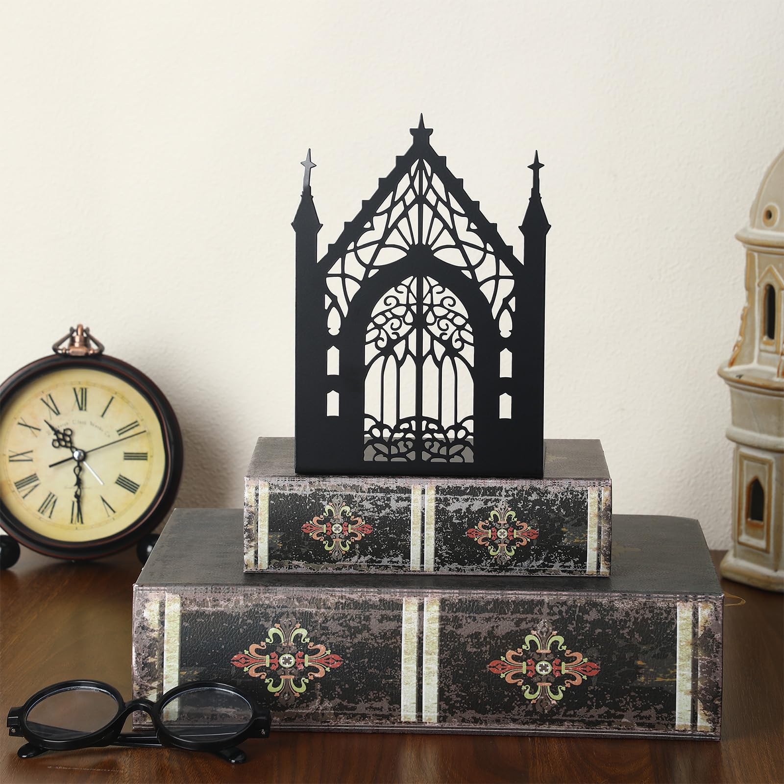 Shimeyao Gothic Metall-Buchstützen für Regale, dekorative Buchstützen, strapazierfähig, Gothic-Tor, Buchstützen, schwarz, Bücherregalhalter, 13,5 x 10,9 x 18,5 cm, schwere Bücherregale, Halter für