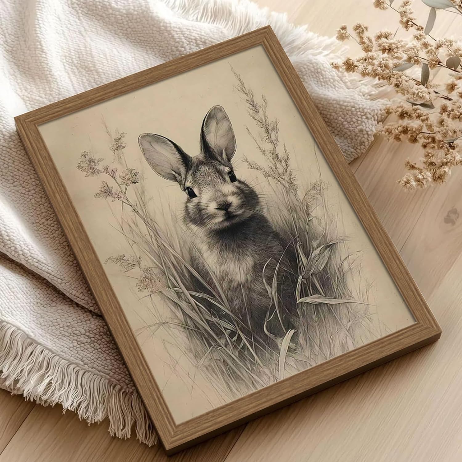 Framed Easter Bunny Wall Art, Farmhouse Vintage Animal Canvas Painting with Solid Wood Frame Antique Neutral Rabbit Wall Decor Picture Print for Living Room Bedroom Nursery 16x24 Inches