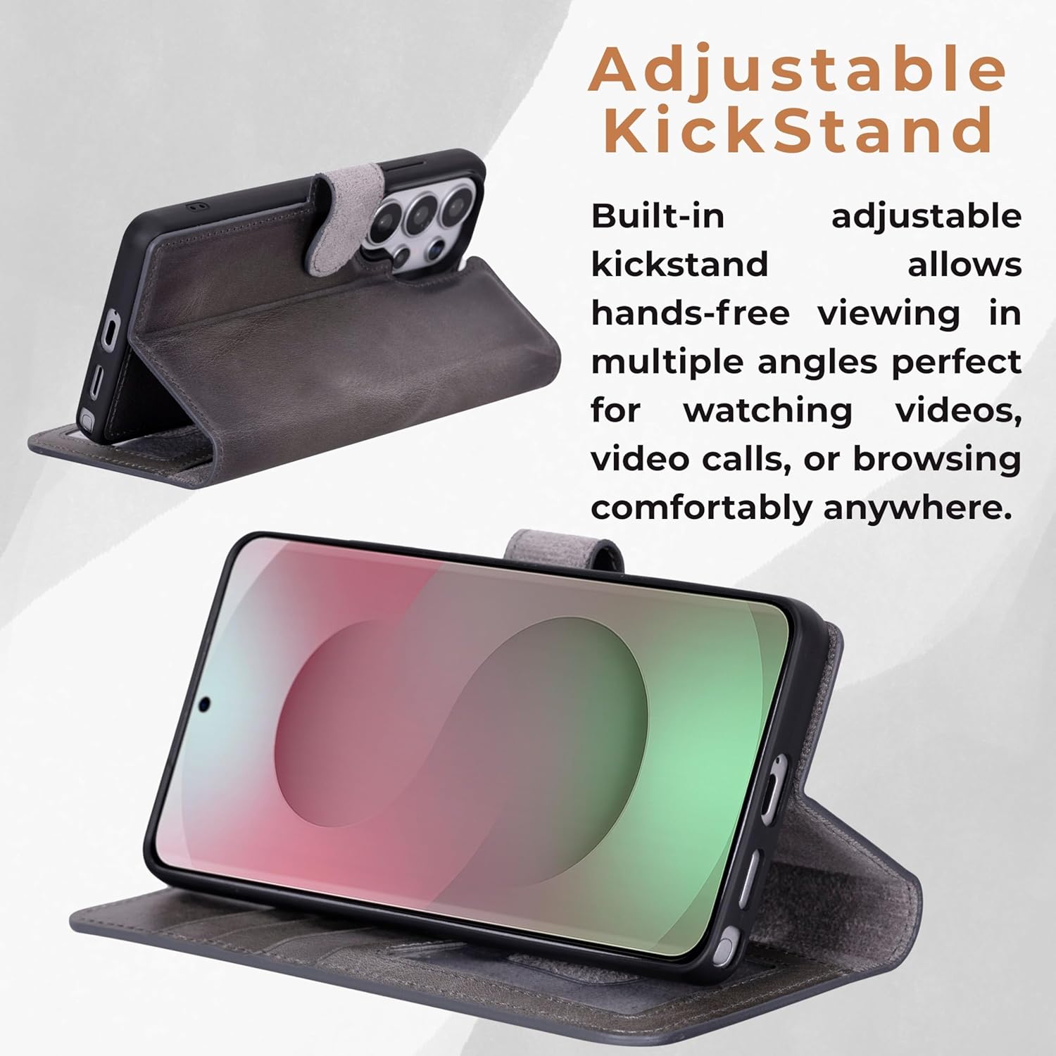 VENOULT Wallet Case for Samsung Galaxy S26 Ultra with 4 Card Slots, Full Grain Genuine Turkish Leather, Business Style, Magnetic Detachable Folio, Wireles Charge, RFID, Handmade (Sandy Gray)