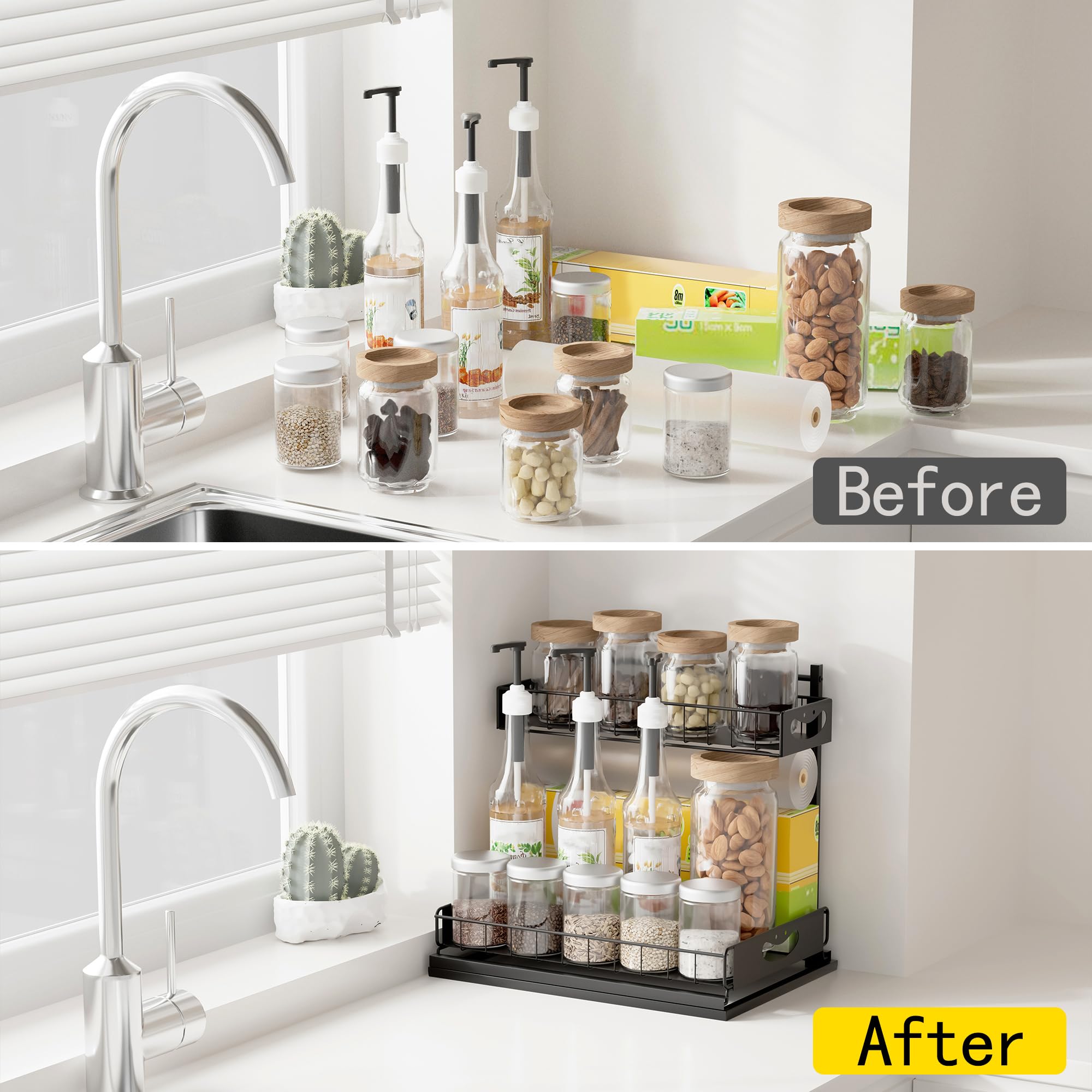 Organizzatore sotto il lavandino con cassetti estraibili, organizer per lavello da cucina, organizer e portaoggetti da bagno a 2 livelli, set di accessori da bagno, nero, confezione da 1