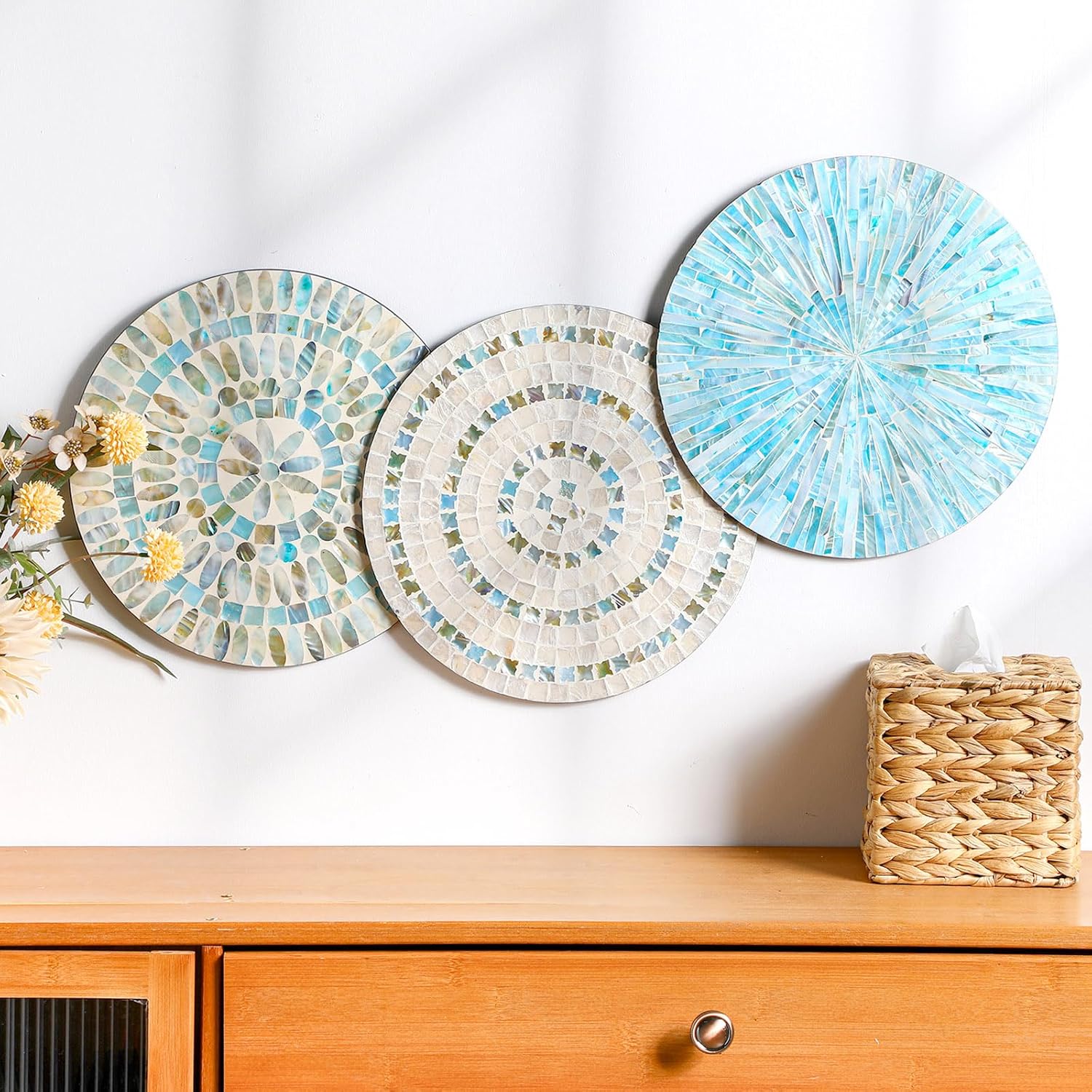 Tioncy 3 Pcs 11.8 Inches Spring Summer Blue Mother of Pearl Shell Plate Coastal Wall Art Mosaic Wall Sculpture Shell Handmade Hanging Plates Arts for Bedroom Bathroom Home Office Hotel - Image 5