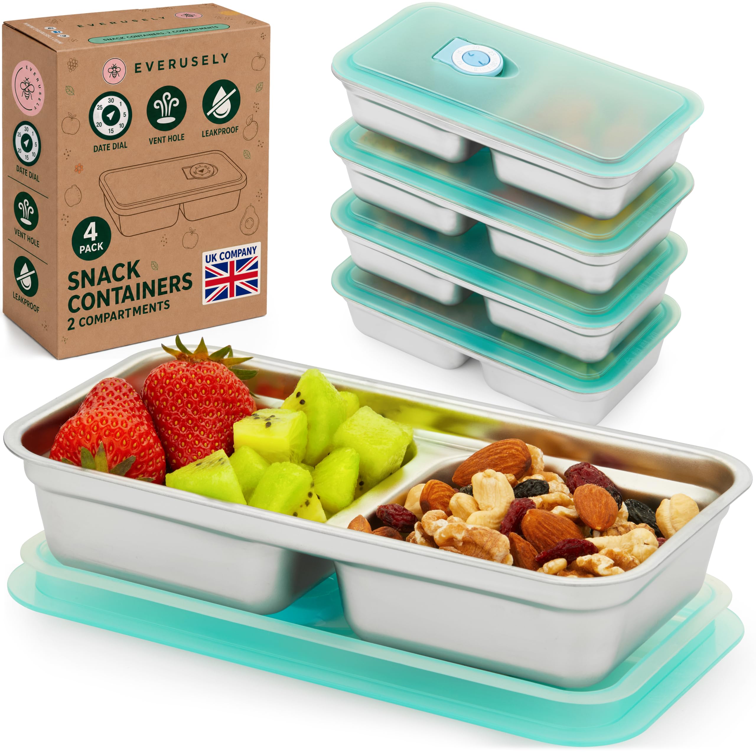 Stainless Steel Snack Pots, Translucent Lids, 400 mL, 4 Pack, Sea Glass