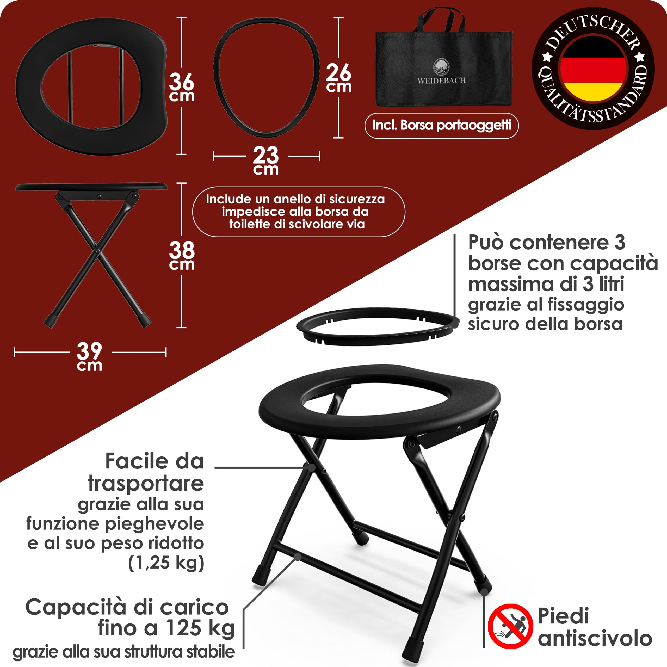 WEIDEBACH® WC da campeggio stabile e leggero, WC pieghevole facilmente trasportabile con 22 sacchetti inclusi, ideale per il campeggio, le escursioni in moto, WC pieghevole.