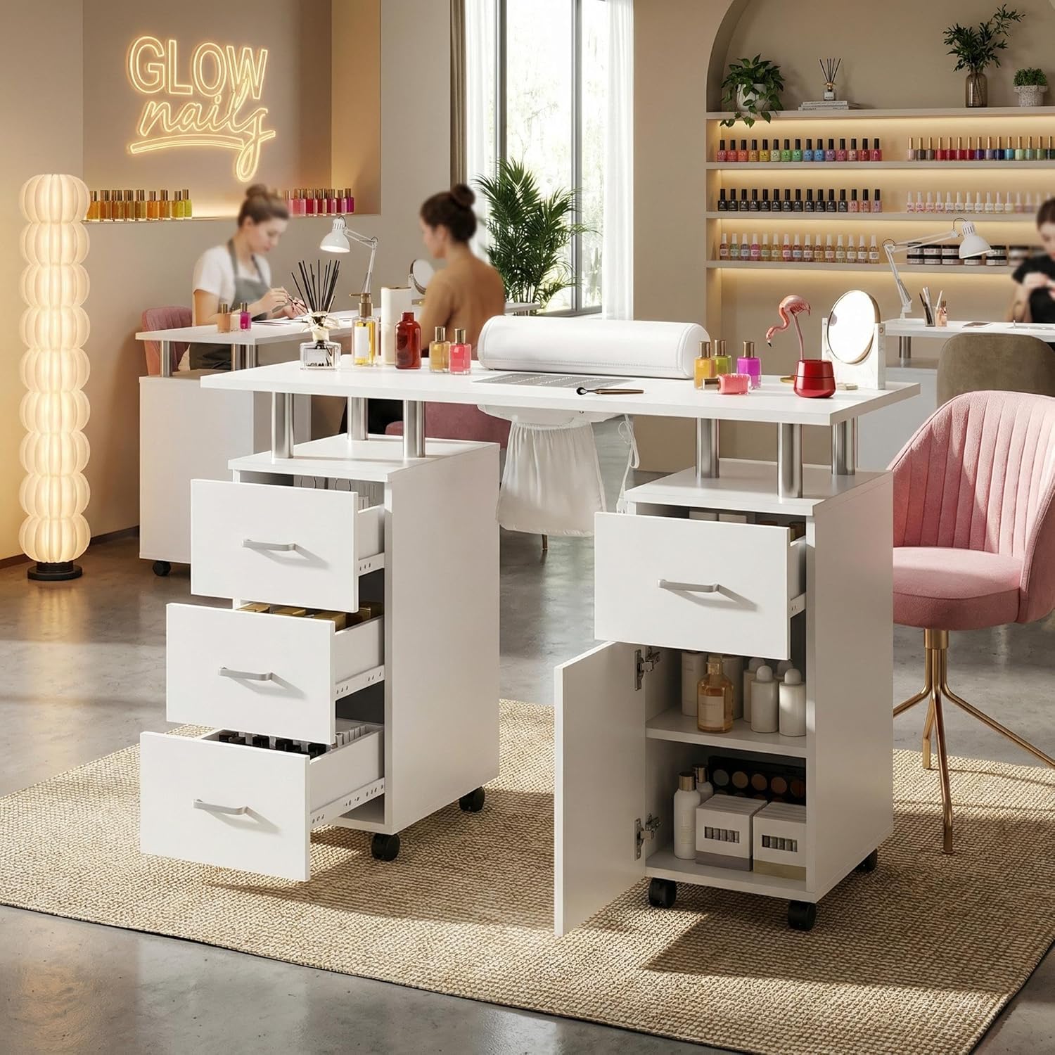 Manicure Table Nail Desk, Nail Station with Electric Dust Collector, Wrist Rest and Storage Drawers Cabinet, Beauty Salon Workstation for Nail Tech, White