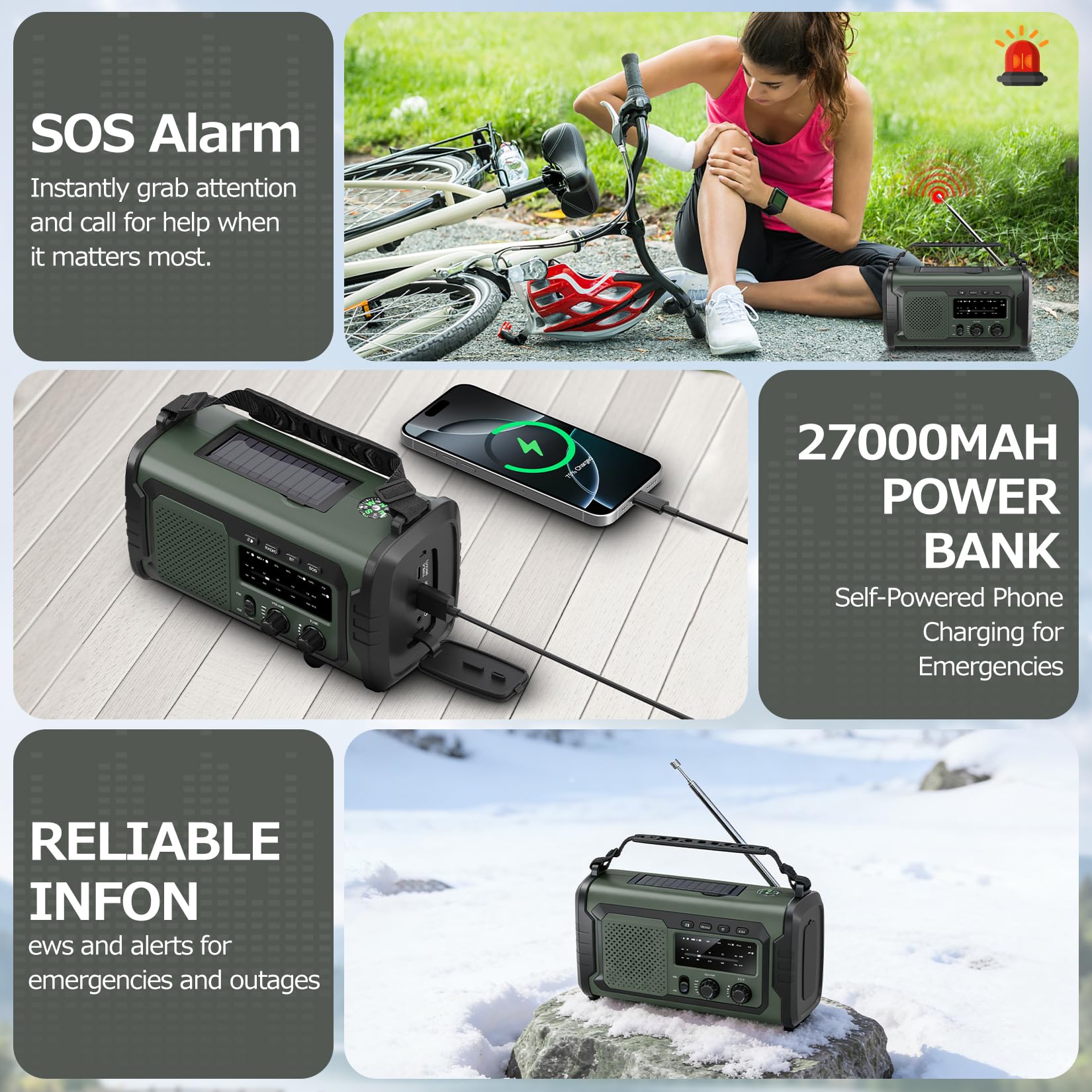 27000mAh Radio Survie, FM/AM Radios Solaire Survie avec Bluetooth 5.1/Alarme SOS/Boussole/Lampe De Poche, Radio Dynamo pour La Préparation en Plein Air Aux Catastrophes Naturelles