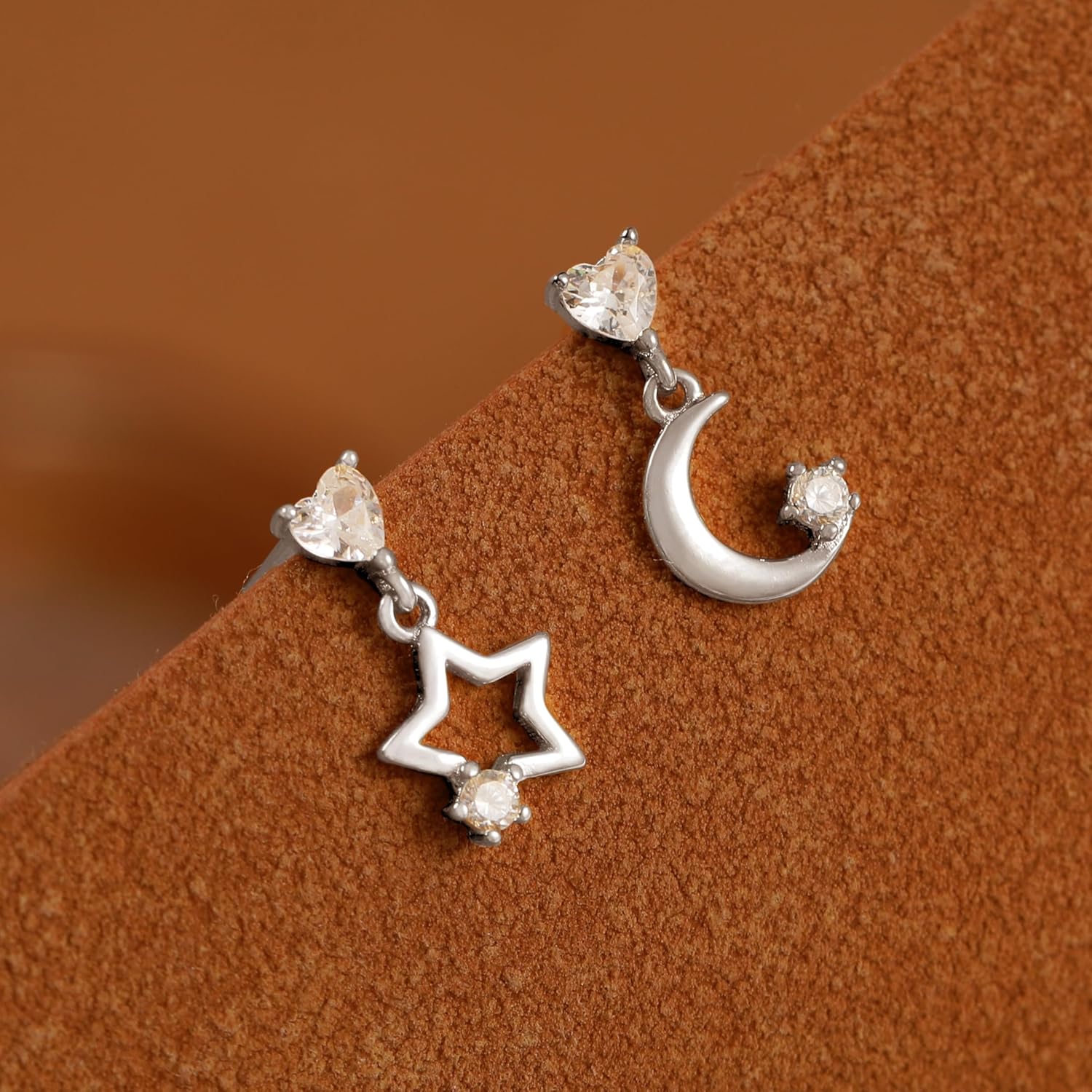 Star Moon Stud Earring for Women, 925 Sterling Silver Dainty Cubic Zirconia Heart Crescent Earrings to Daughter Mother 14K Gold Plated Teacher Hypoallergenic Drop Earring Birthday Wedding Jewelry Gift - Image 2