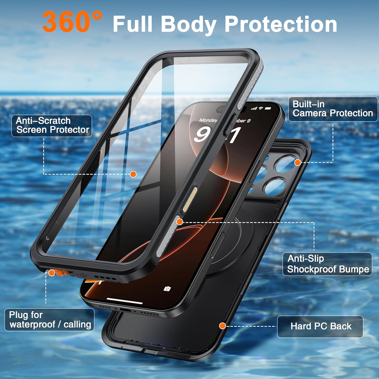 Oterkin Magnetic Waterproof for iPhone 16 Pro Max Case with [Built-in Screen Protector][Invisible Stand][Fit for MagSafe][360º Full Body Sealed] Rugged IP68 Underwater Case for iPhone 16 Pro Max-Black - Image 6