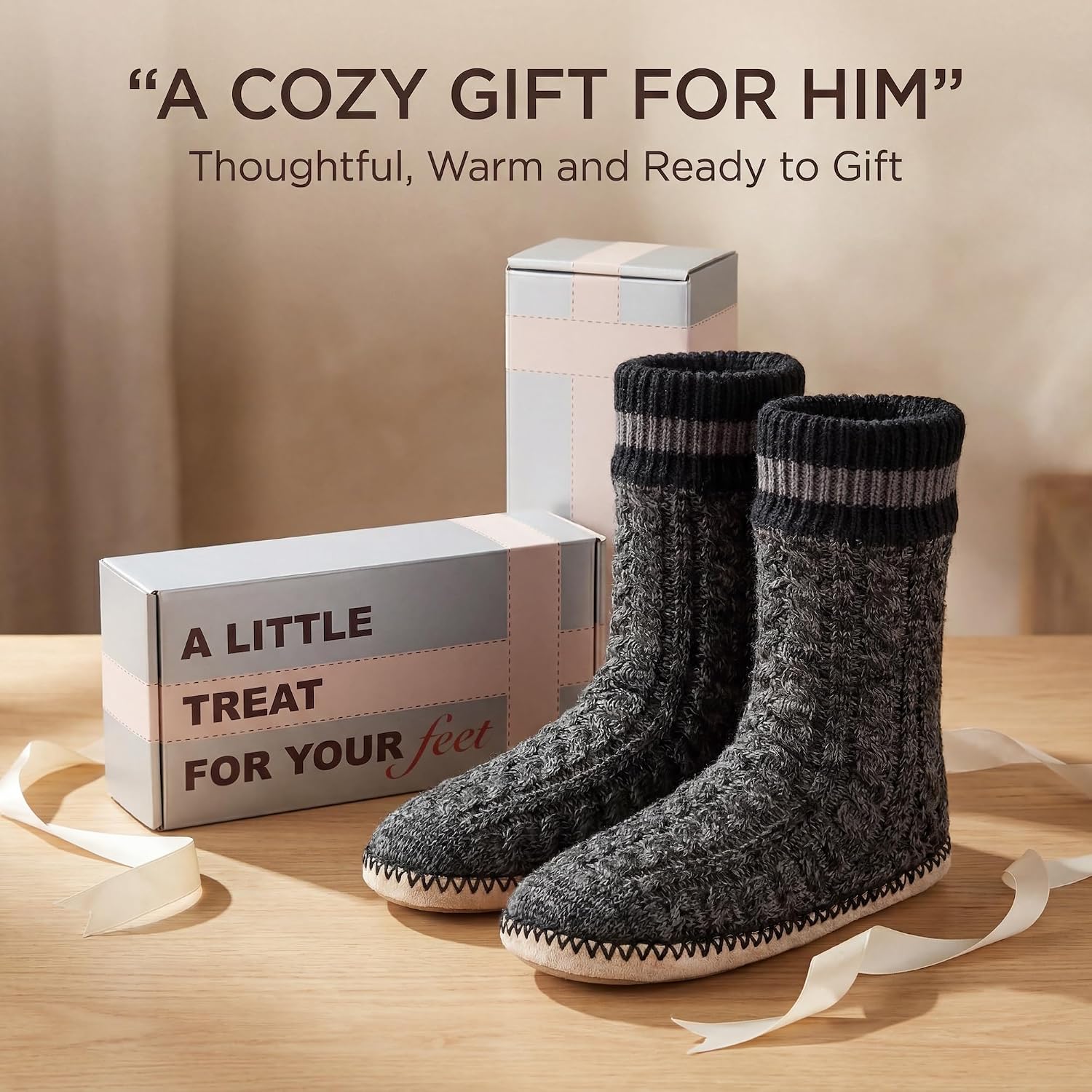 cosyone1997 Mens Slipper Socks Sherpa Fuzzy Non Slip Cozy Gifts | Cable knit texture, warm sherpa lining, winter indoor comfort, soft sole feel, gripper sole, sizes 8-9 to 14-15, giftable