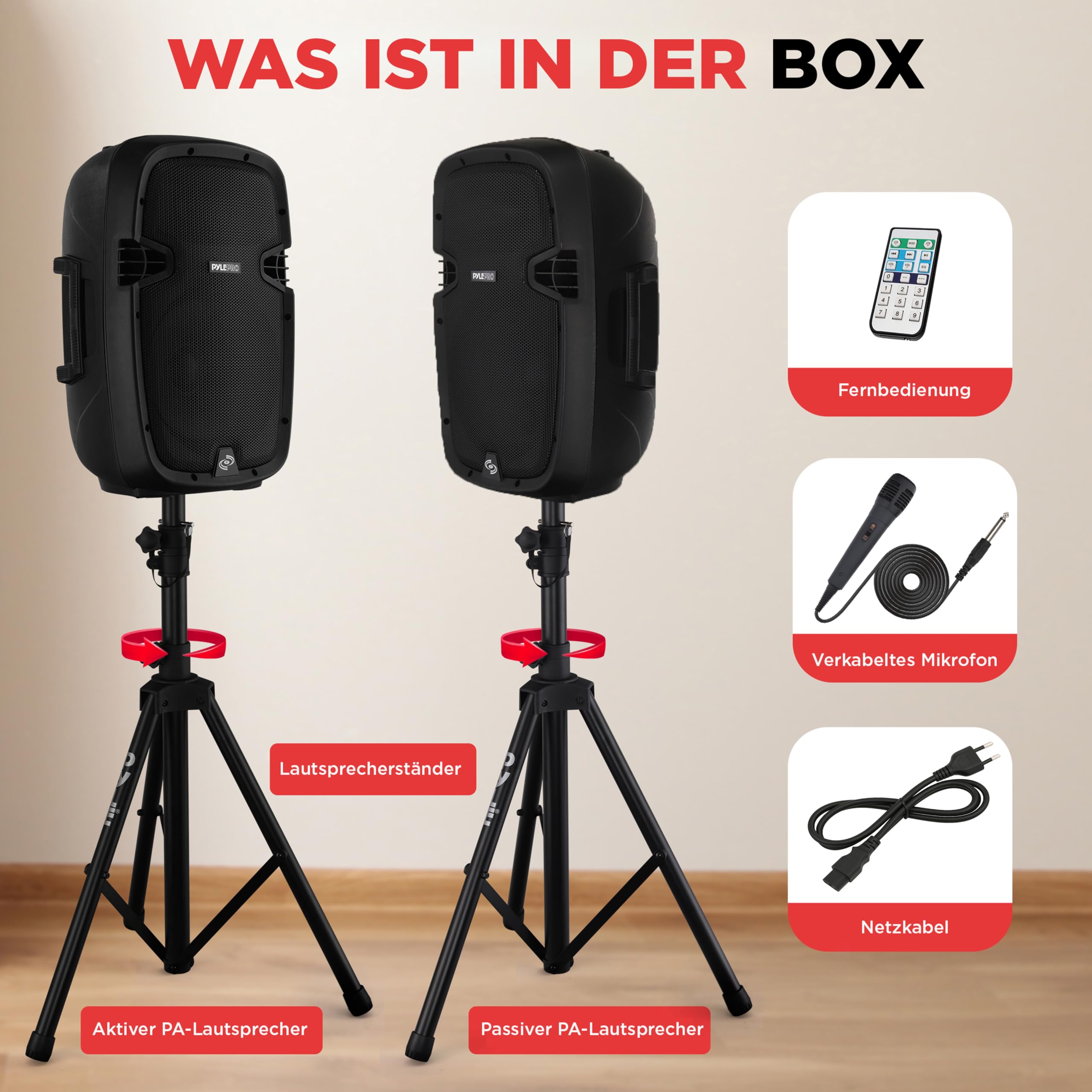 Pyle PA Anlage 1000W Komplettset Lautsprecher mit Mikrofon Bluetooth Partybox DJ Lautsprecher 2 Boxenständer USB SD MP3 AUX Fernbedienung Aktiv Passiv