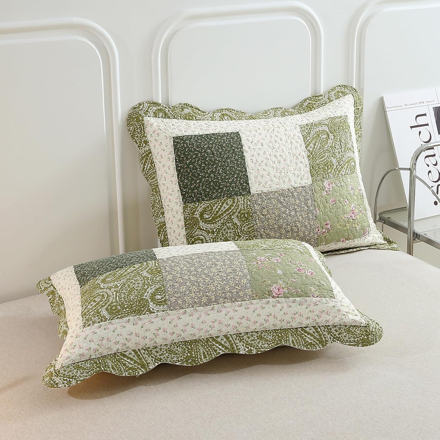 vctops Farmhouse Green 3 Piece Patchwork Quilted Set Floral Embroidery Cotton Bedding Set Lightweight Reversible Bedspread Coverlet 1 Quilt + 2 Pillow Shams (Green Floral,91"x98") - Image 6