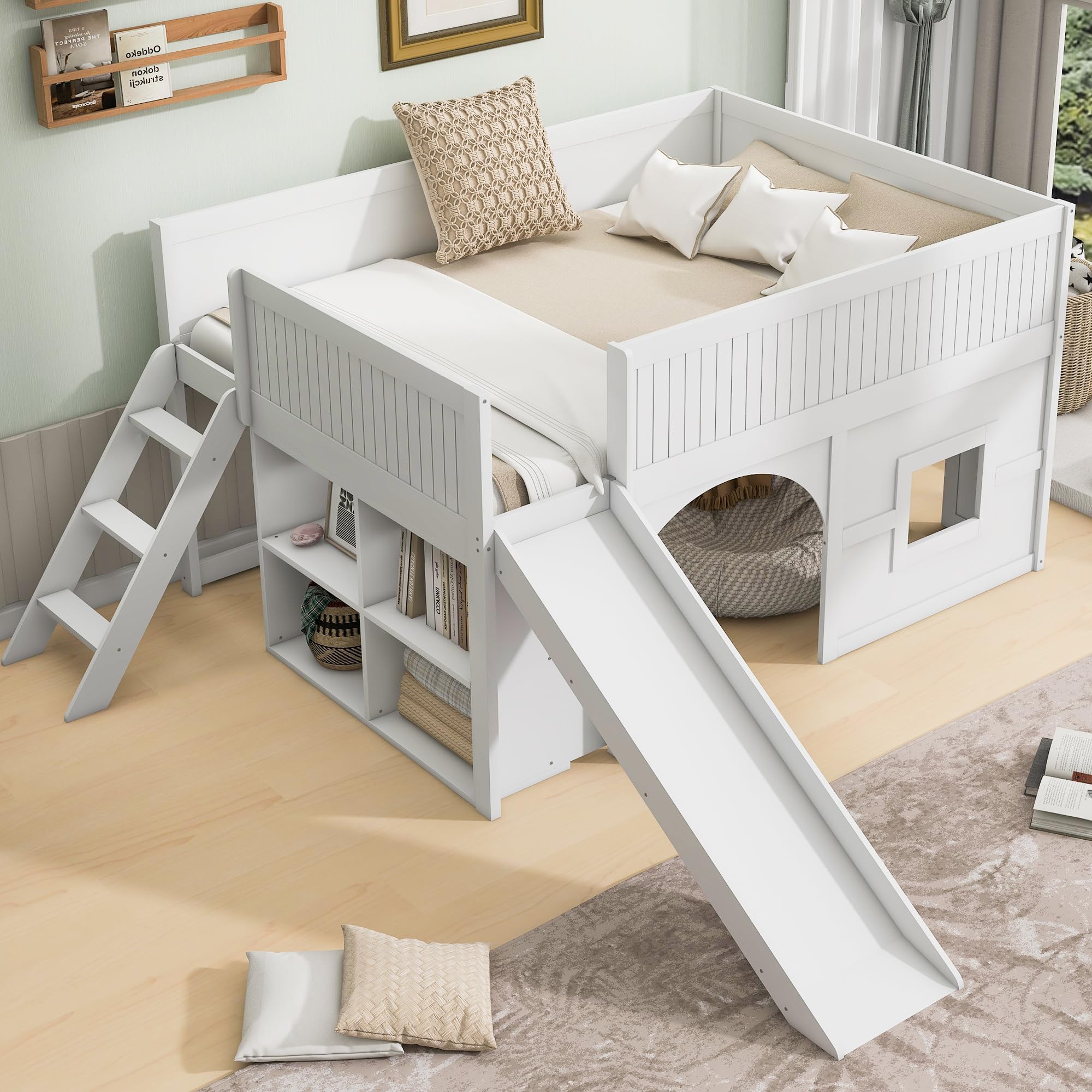Merax Full Size Low Loft Bed for Kids, Solid Wood Loft Bed Frame with Storage Shelves, Slide and Ladder, Safety Guardrail Design, Under-Bed Play Space, No Box Spring Needed, Easy Assembly, White