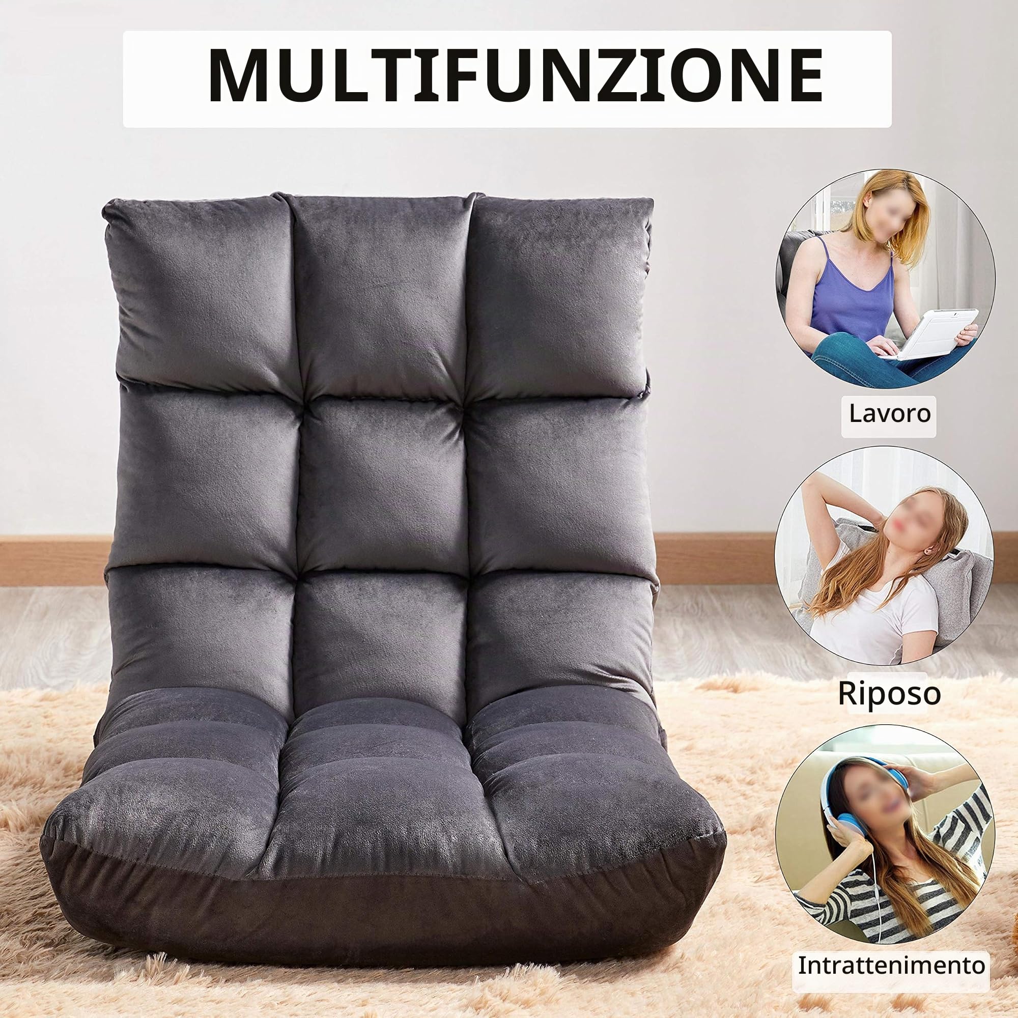 Yaheetech Sedia da Pavimento con Schienale Regolabile Poltrona Imbottita da Gioco/Yoga/Meditazione/Ufficio Domestico/TV/Lettura Grigia | Colore Grigio, Inclinazione 90°-180°, Telaio in Metallo, Per Lettura, TV, Meditazione, Casa e Ufficio