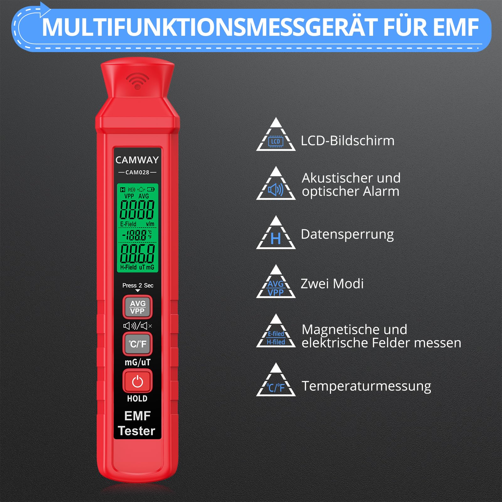 CAMWAY EMF-Messgerät, digitales EMF-Tester LCD Strahlungsdetektor für Elektrisches & Magnetisches Feld, Handheld EMF-Meter mit Dual Alarm