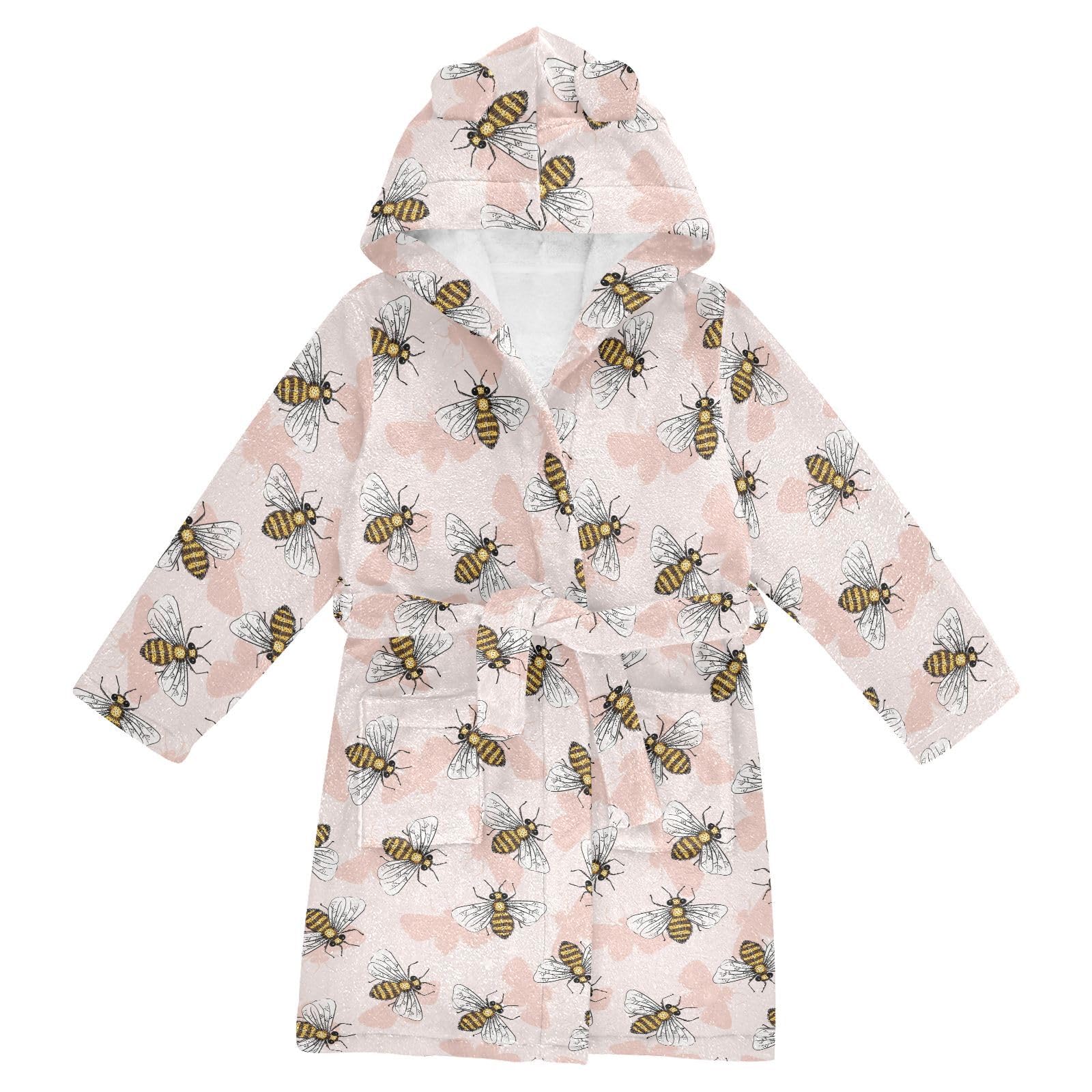 WIFIU Toddler Baby Hooded Bathrobe for Boys Girls Cute Summer Honey Bees Insect Printed, Soft Plush Bath Towel Robe with 2 Pockets for 4-6 Years