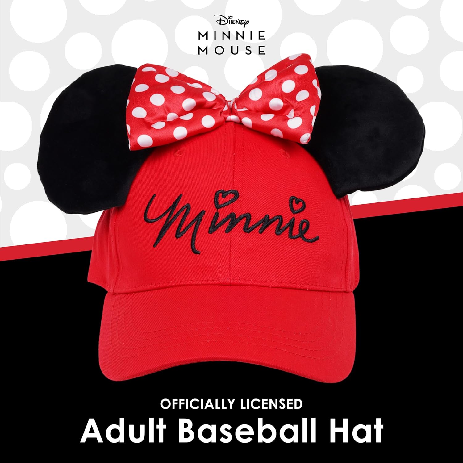 Disney Minnie Mouse Baseball Cap Hat, 3D Ears and Polka Dot Bow with Embroidered Script, Red - Image 2