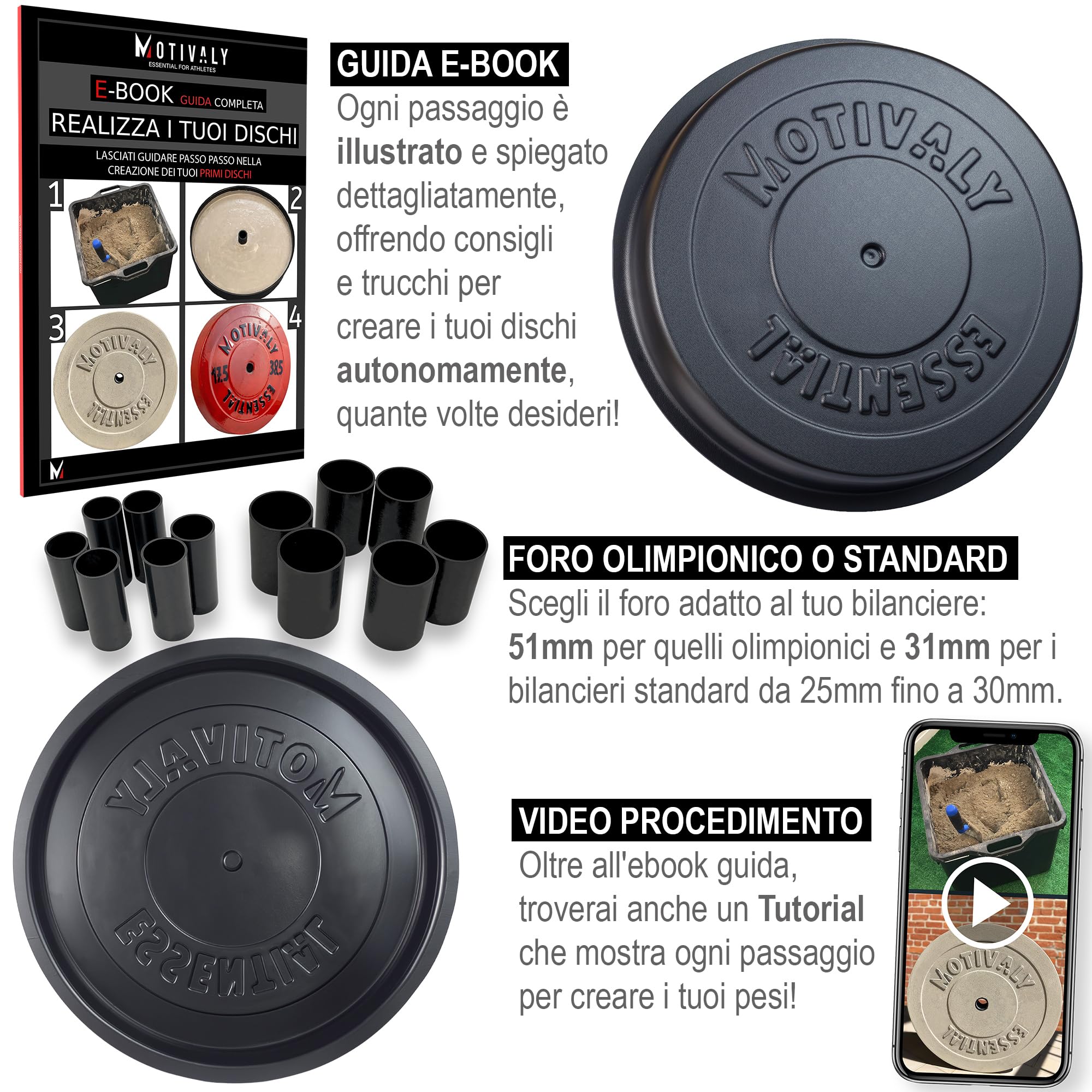 Stampo Dischi Palestra per Calcestruzzo | Realizza Pesi per Allenamento Fino a 30kg in Cemento [E-Book e Video Tutorial Gratis] - Foro Bilanciere Olimpionico (+51mm) e Standard (+31mm)