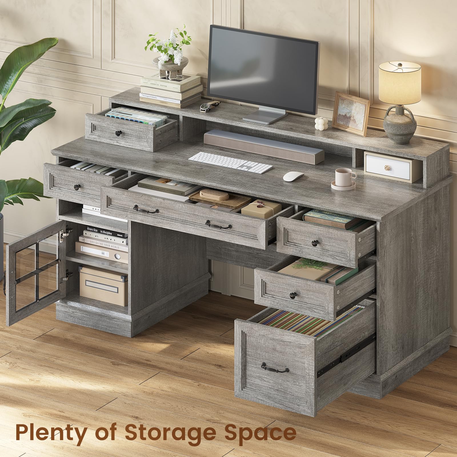 HAUOMS Farmhouse Executive Desk with Drawers Computer Desk with File Drawers, Power Outlet and Led Lights, Executive Office Desk with Storage Cabinet and Monitor Shelf for Home Office,: Grey