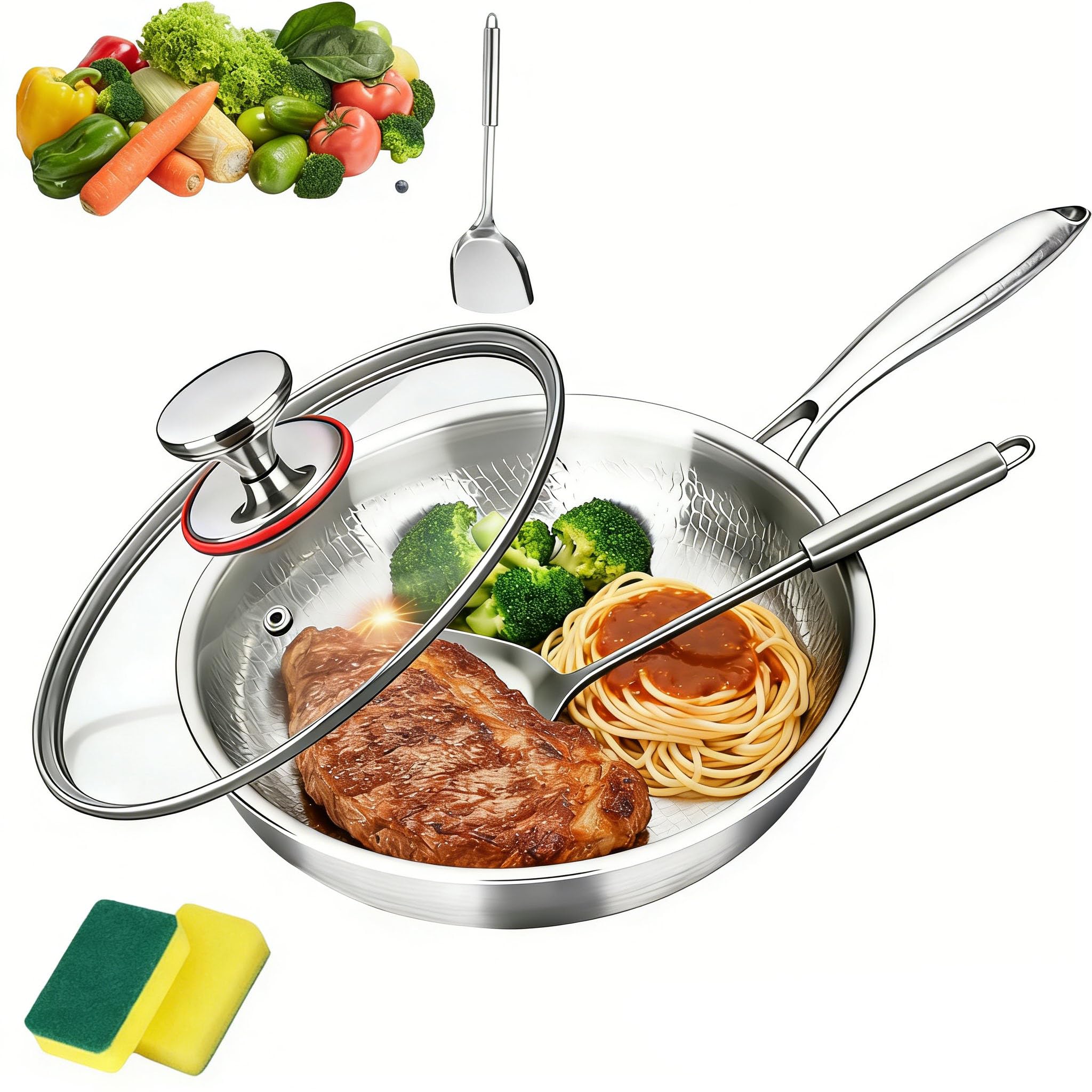 Titanium Frying Pan, 100% Pure Titanium Hammered Frying Pans With Lid For Cooking Suitable For All Stovetops, Home Use Cookware | No Coating | Non-Stick, Dishwasher and Oven Safe (With Lid,24CM)