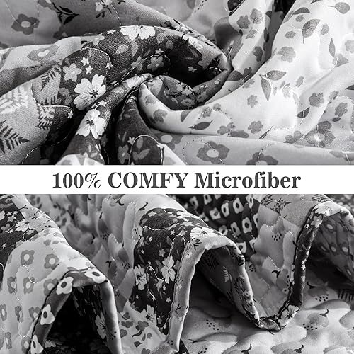 Miniatura 3 de Juego de edredón tamaño King, estilo bohemio, color negro y gris, colcha floral reversible, juego de cama de primavera de microfibra suave, juego de