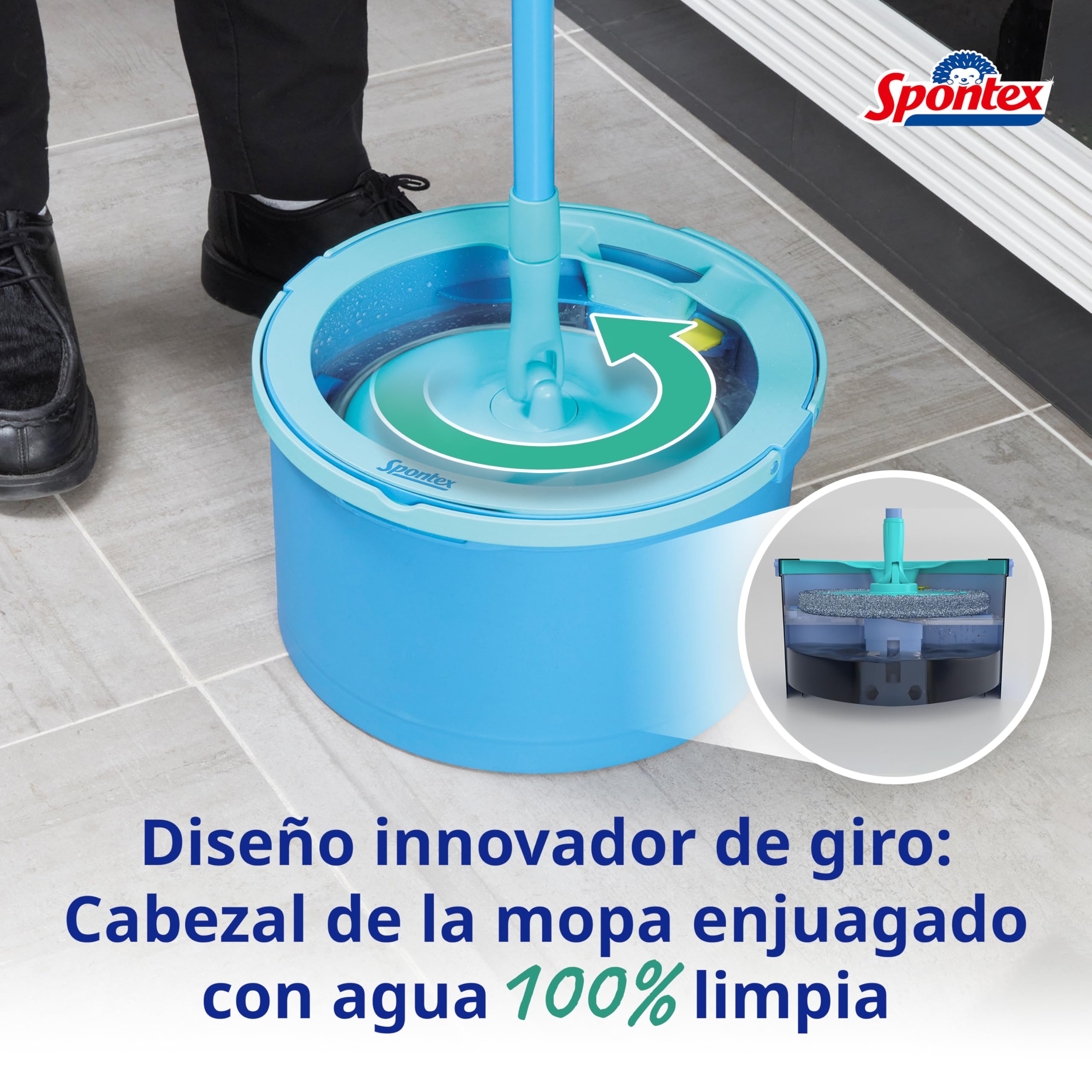 Spontex Aqua Revolution System X'tra Set de fregona y cubo | Separa el agua limpia del agua sucia | Limpia suelos laminados, de madera y baldosas | Fregona plana con recambios de microfibra