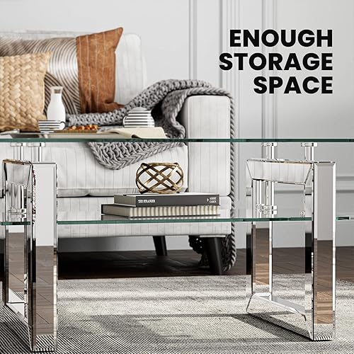 Miniatura 8 de IKIFLY Mesa de centro de cristal con tablas de vidrio de 2 niveles y patas de metal resistentes, mesa auxiliar rectangular de vidrio transparente