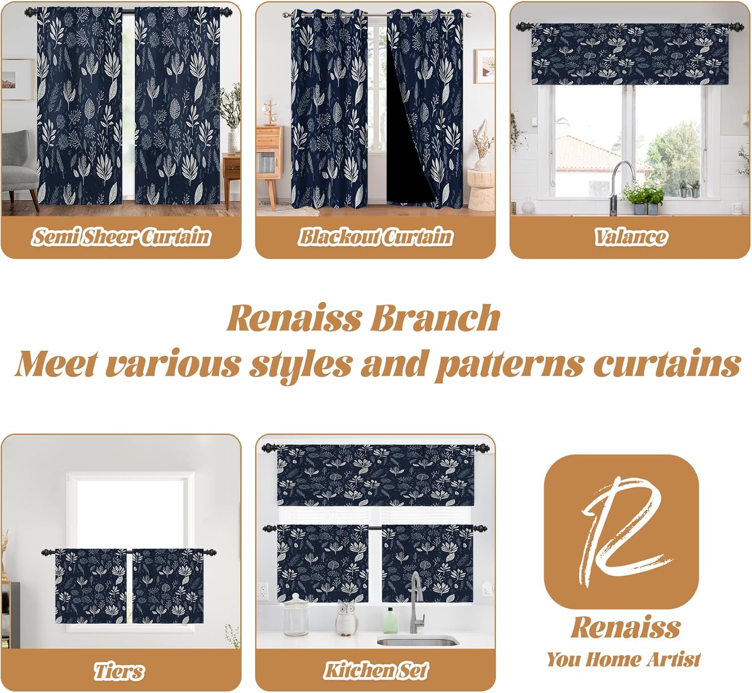 Renaiss 26 x 45 Inch Leaves Short Tier Curtains Navy Blue Botanical Kitchen Half Curtain Linen Farmhouse Country Floral Cafe Small Curtains for Bathroom Living RV Rod Pocket Window Drapes 2 Panels