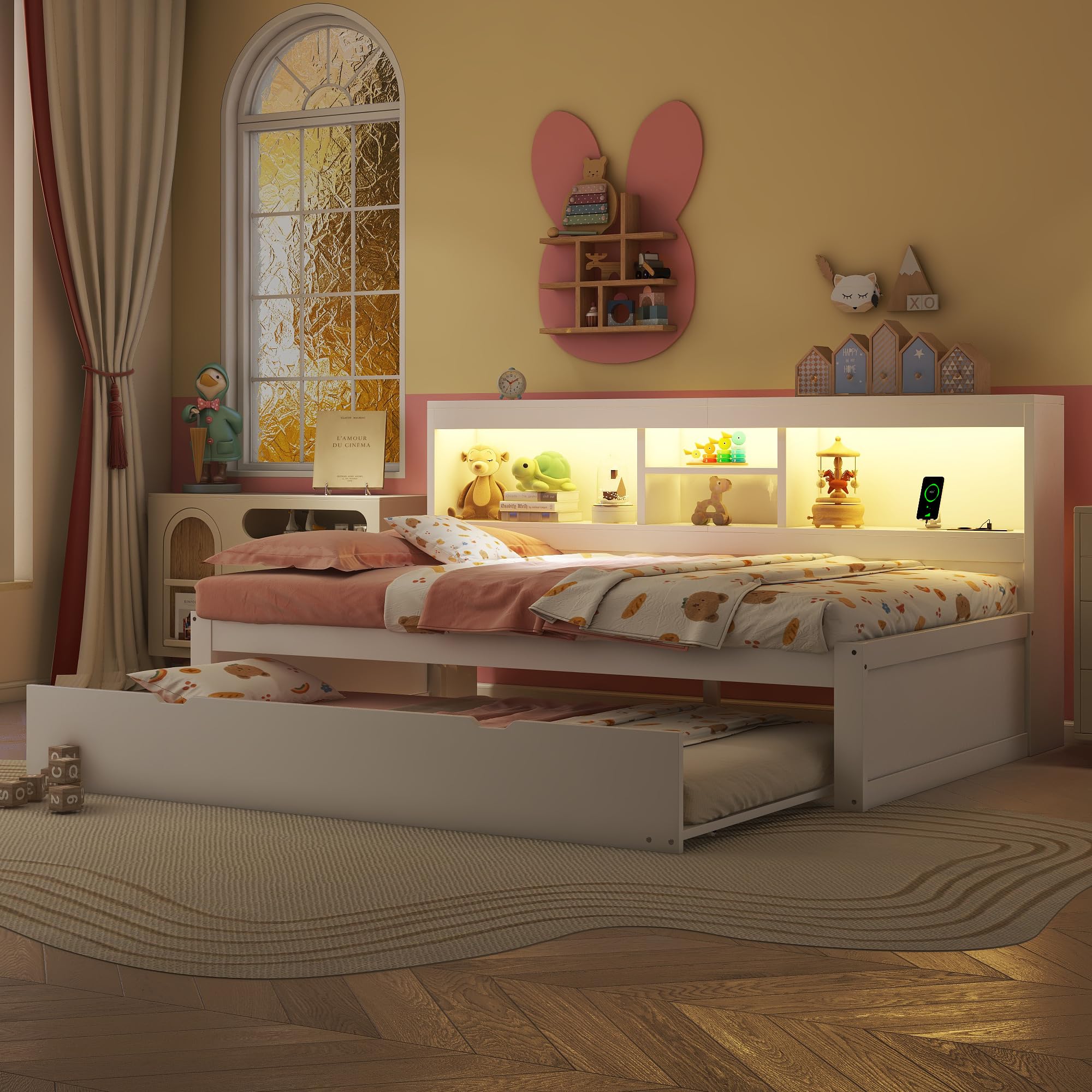 Soweiz Sofá cama, cama de día, iluminación ambiental teledirigida, compartimento de almacenamiento lateral de la cama, cama extraíble, enchufe + USB, sin colchón, camas para niños y niñas (blanco, 90