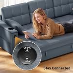 HOMCOM Convertible Sofa Bed, 85" Pull Out Sleeper Sofa with USB Ports, Chaise Storage, 2 Pillows, Linen, L-Shaped Sectional Futon Couch for Living Room, Apartment, Dark Grey
