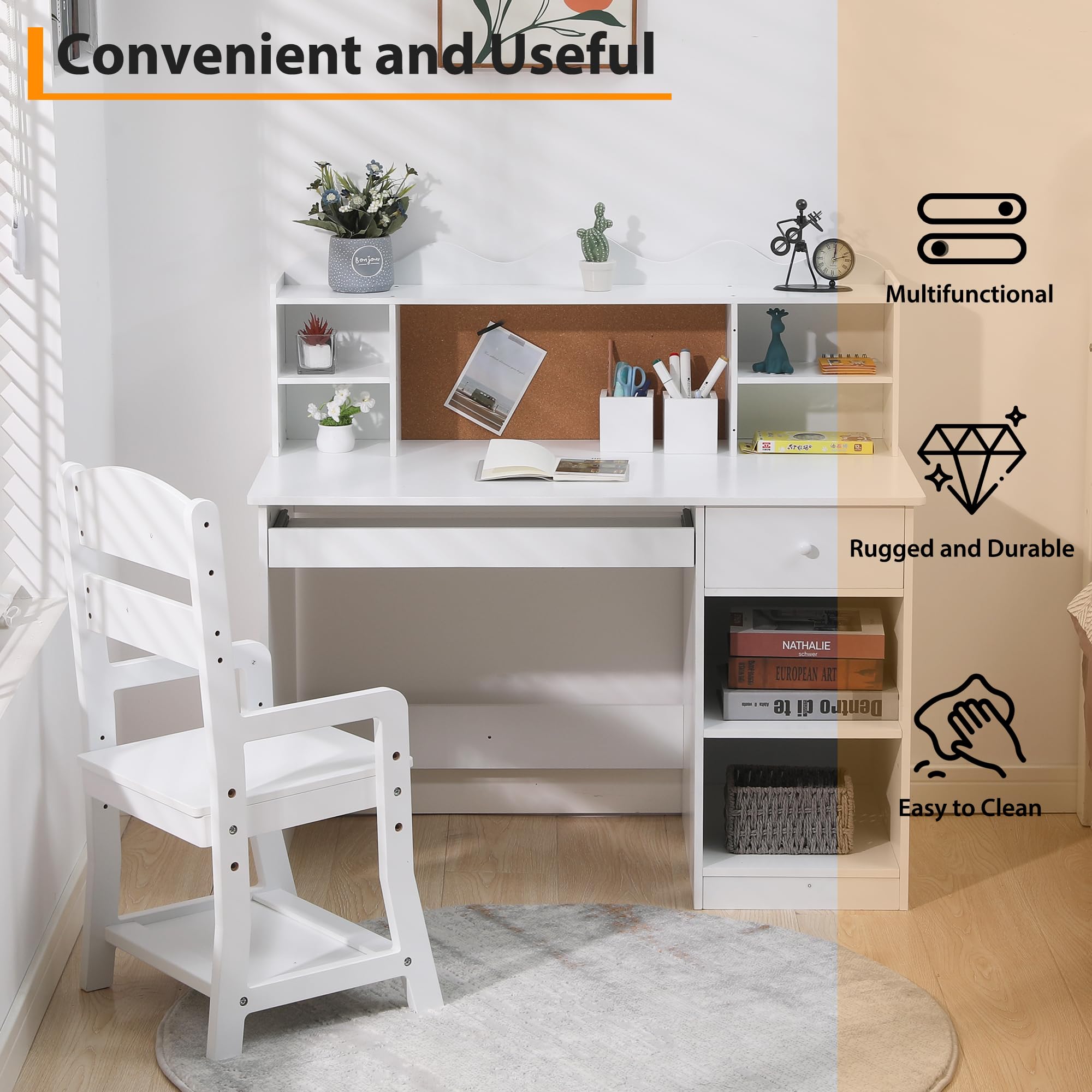 Garvee Study Desk and Chair Set, Learning Desk for Kids - Features Bulletin Board, Keyboard Drawer, Open Shelves and Storage Space- Perfect for Children Ages 3-8